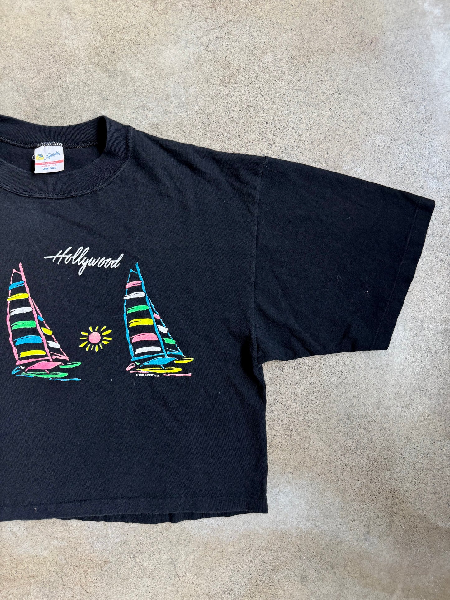 Vintage 1980s Lifestyles Hollywood Sailboat Cropped Graphic Tee | One Size