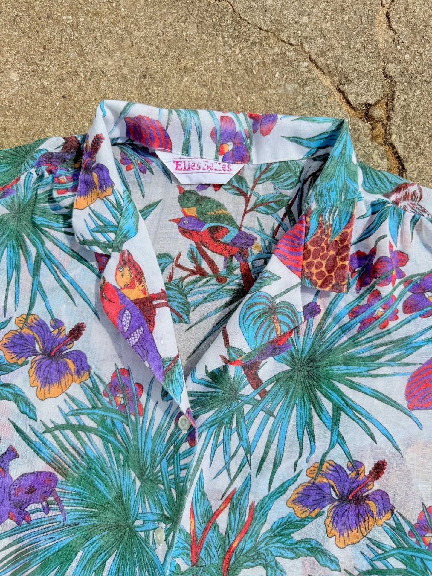 Vintage Elles Belles Tropical Print Button Down Shirt | L-XL