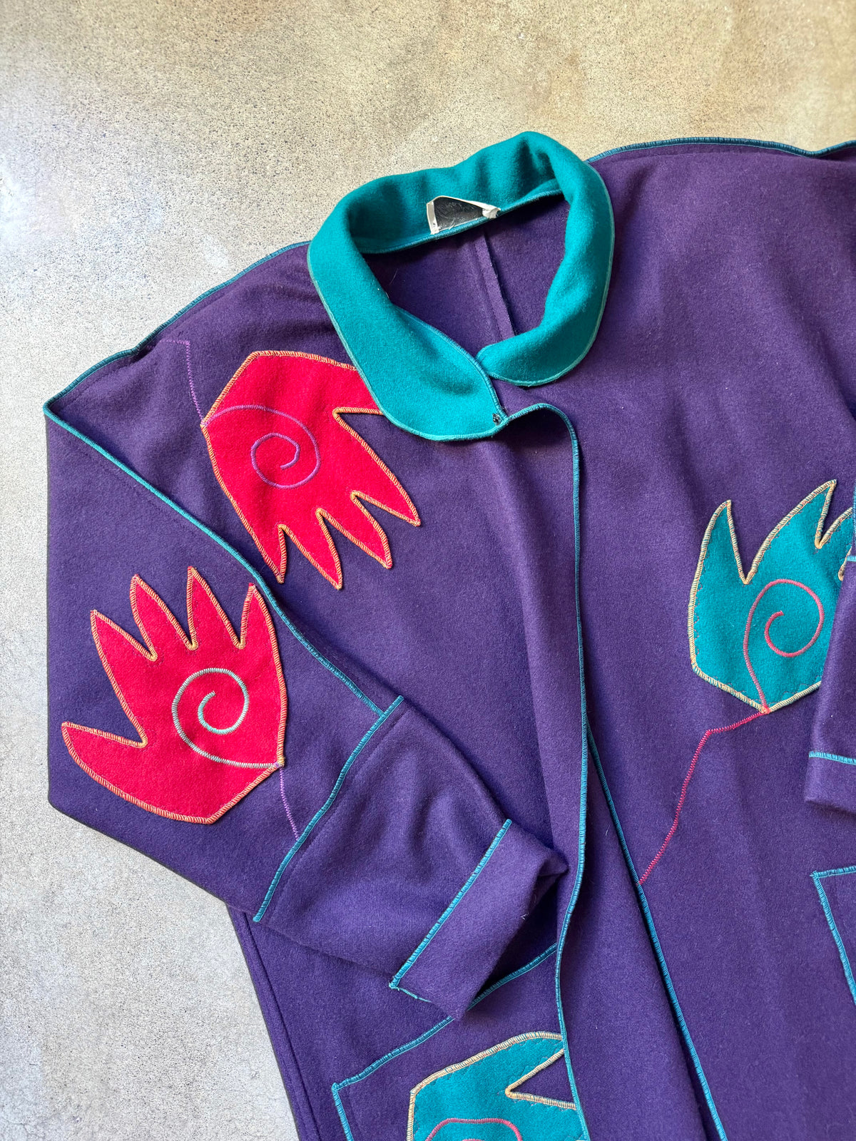 Vintage 1980s Gloria Walsh Purple Felted Wool Whimsical Hand Patch Embroidered Overcoat | L/XL