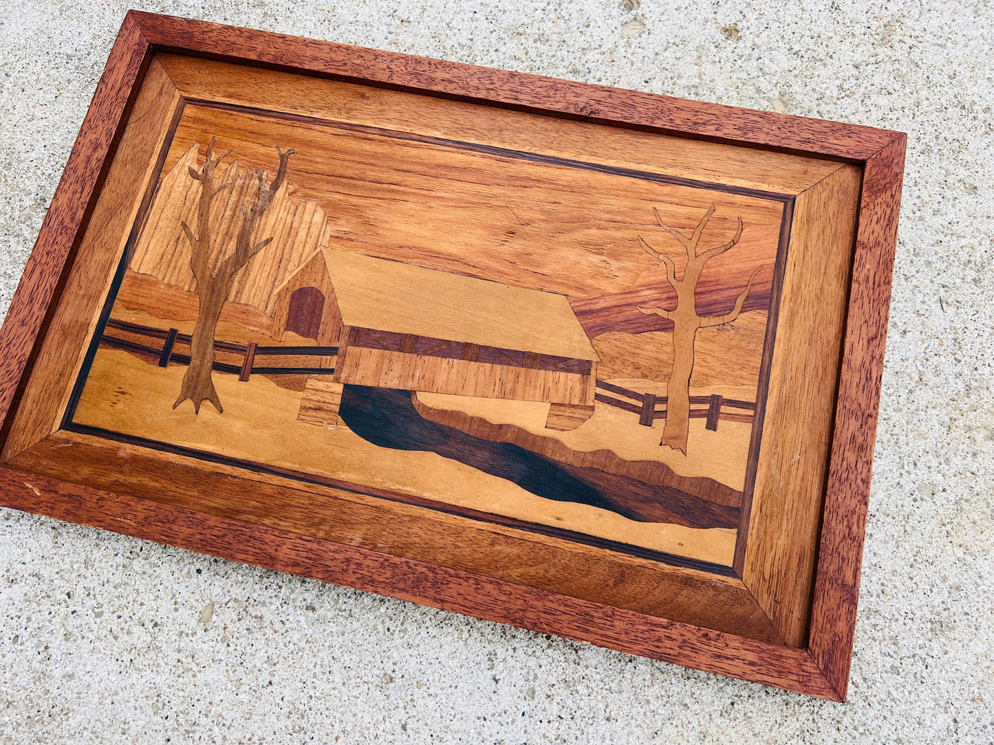 Vintage 1960s Wood Marquetry/Inlaid Winter Scene Artwork