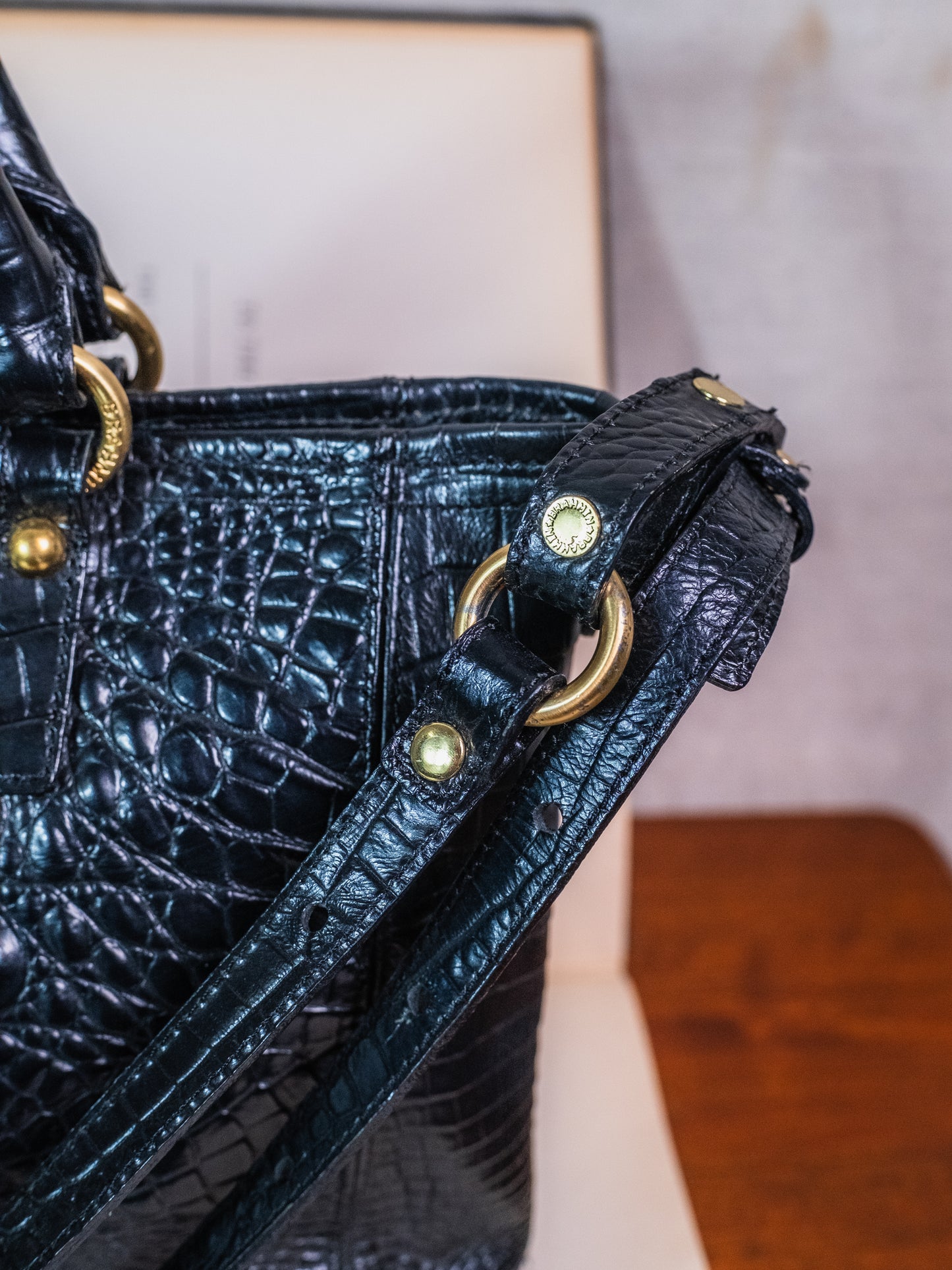Brahmin Mini Arno Tote Black Croc Embossed Leather Bag