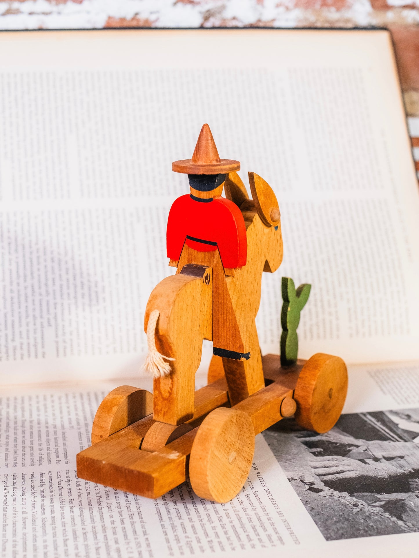 Vintage Folk Art “Donkey & Rider” Wooden Pull Toy