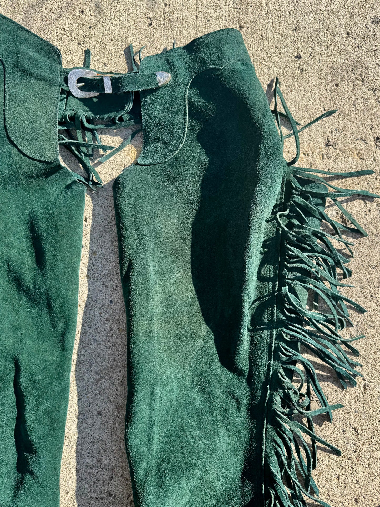 Vintage 1980s Rod's Western Palace Green Suede Leather Fringe Chaps | M/L