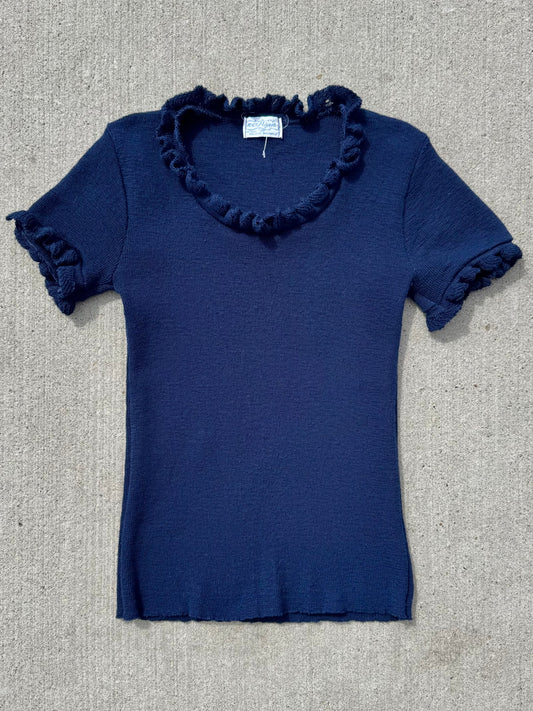 Vintage Navy Ruffle Trim Short Sleeve Fitted Sweater | Small