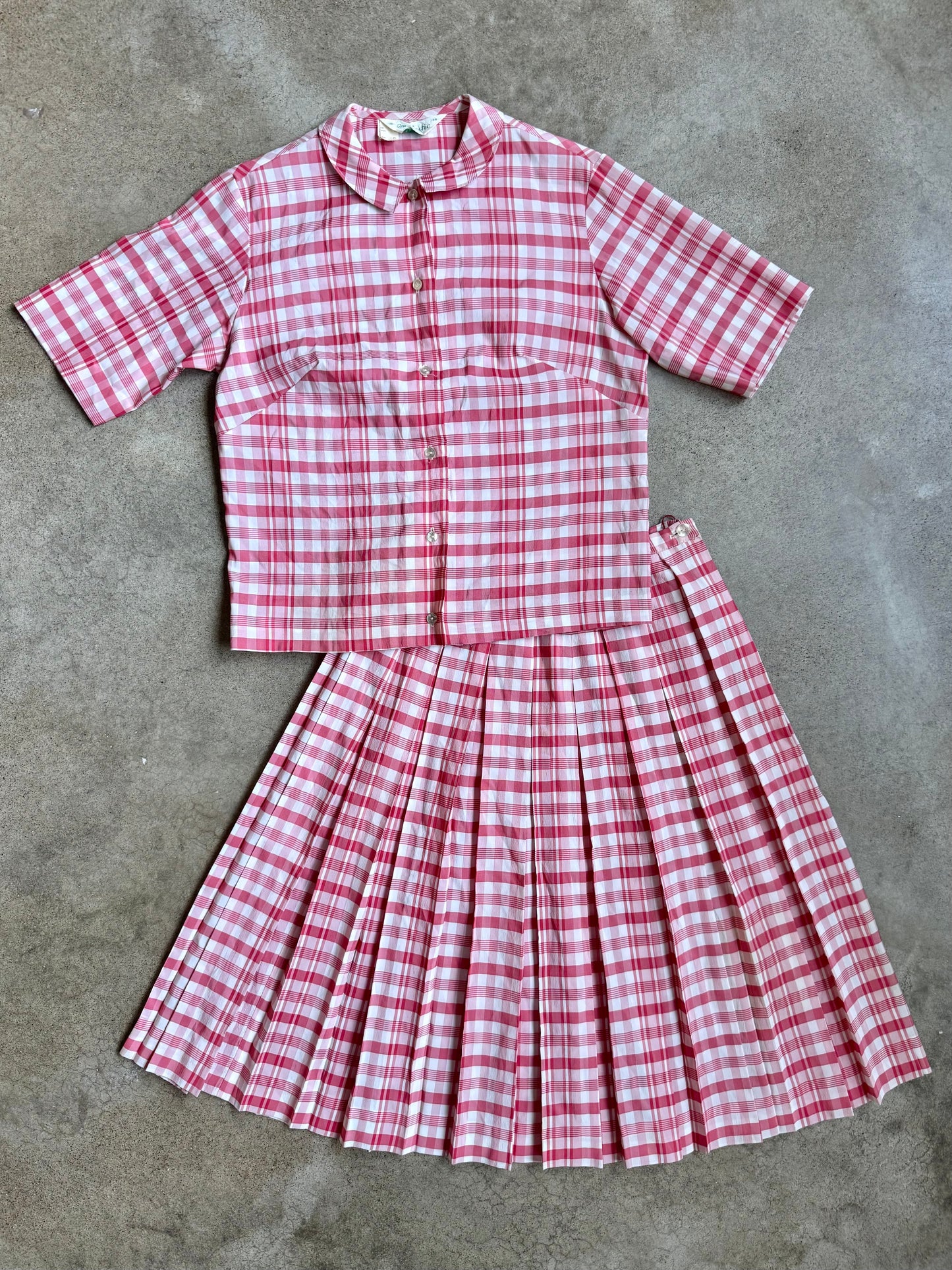 Vintage 1950s Majestic Red & White Plaid Two-Piece Skirt Set | XS
