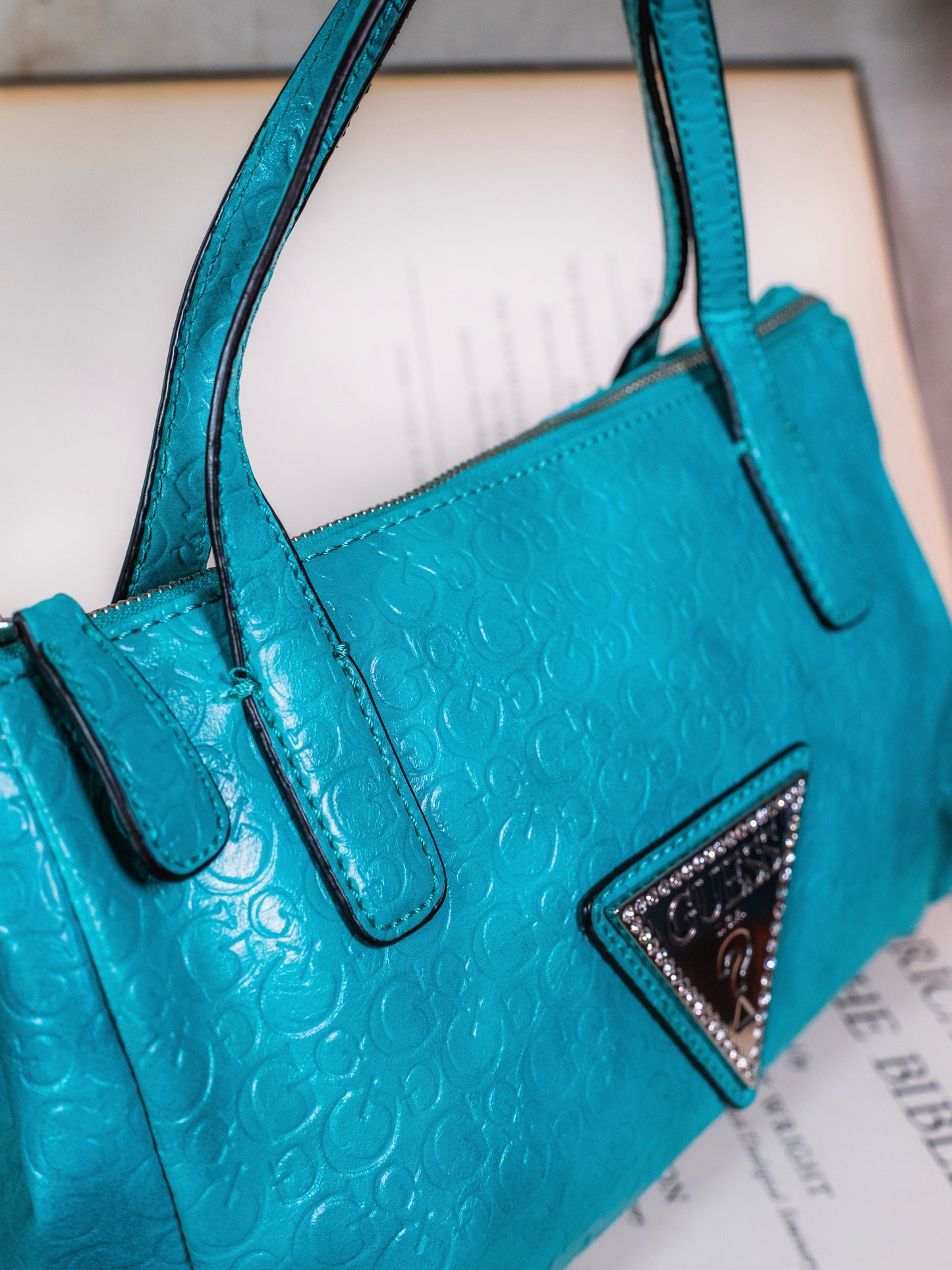 2000s Guess Turquoise Embossed Monogram Leather Top Handle Bag