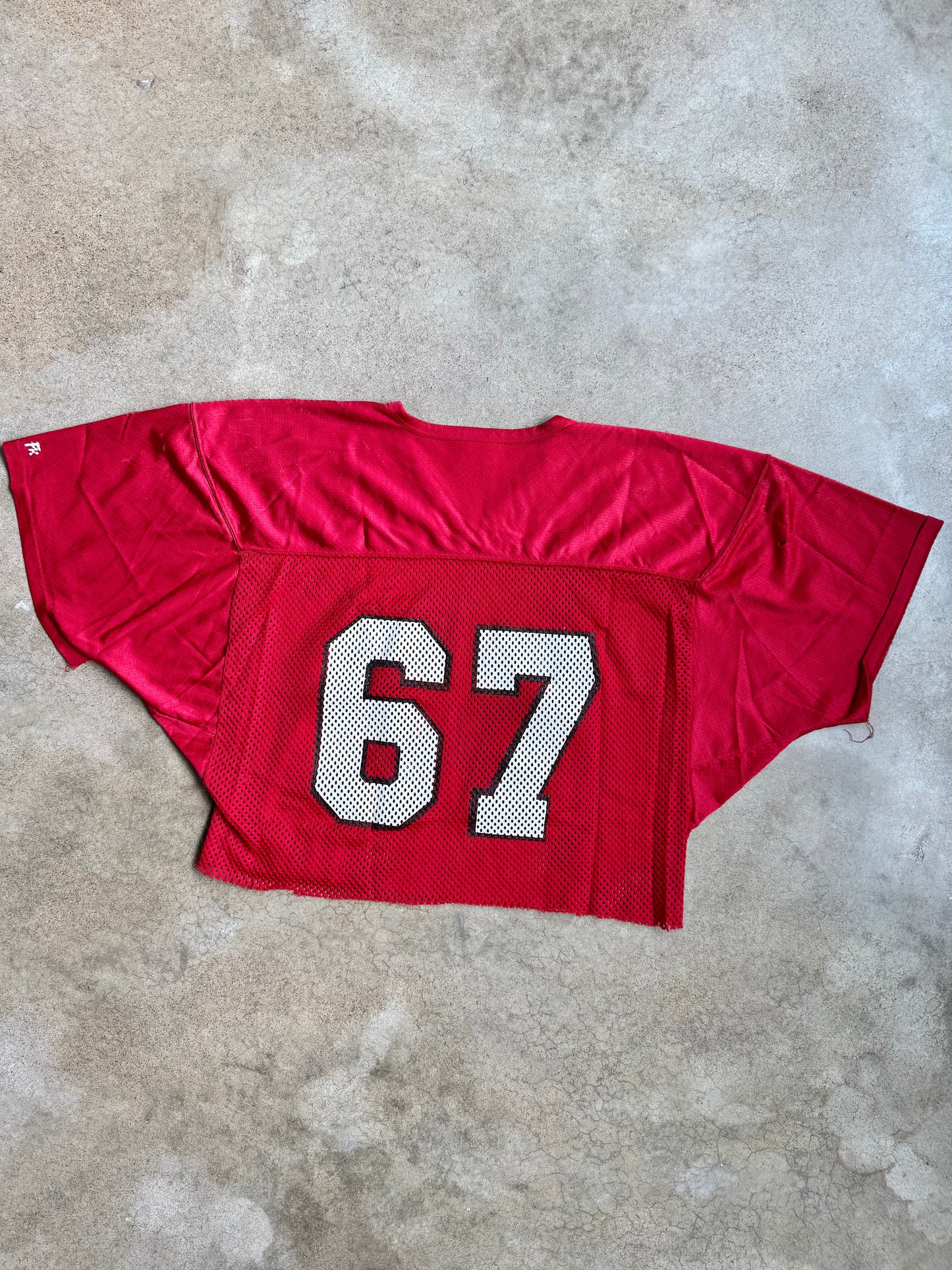 Vintage 1980s Fab-Knit Red Mesh #67 Cropped Football Jersey | Large
