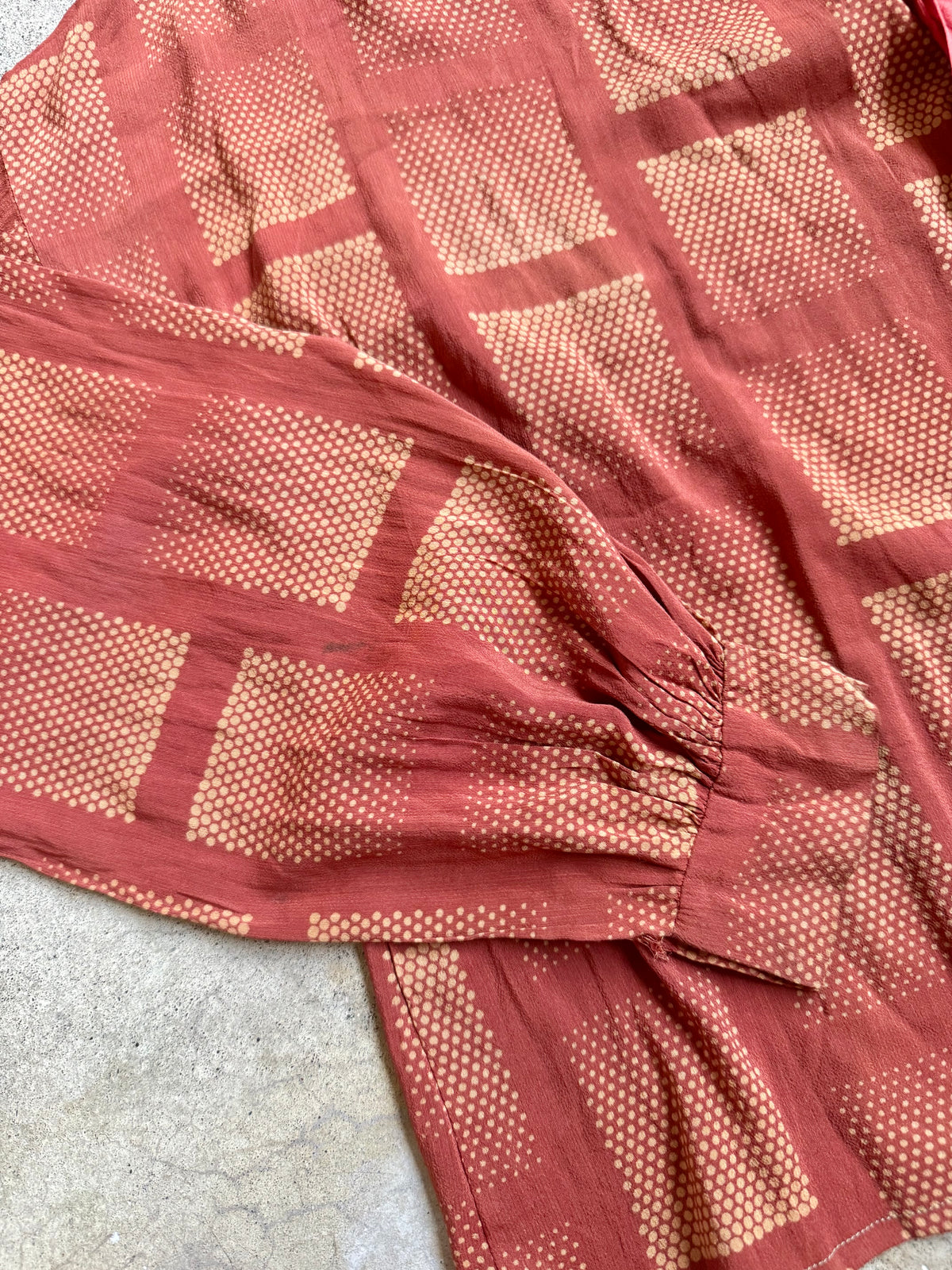 Antique 1930’s Burnt Orange Geometric Dotted Silk Neck Tie Blouse | Medium