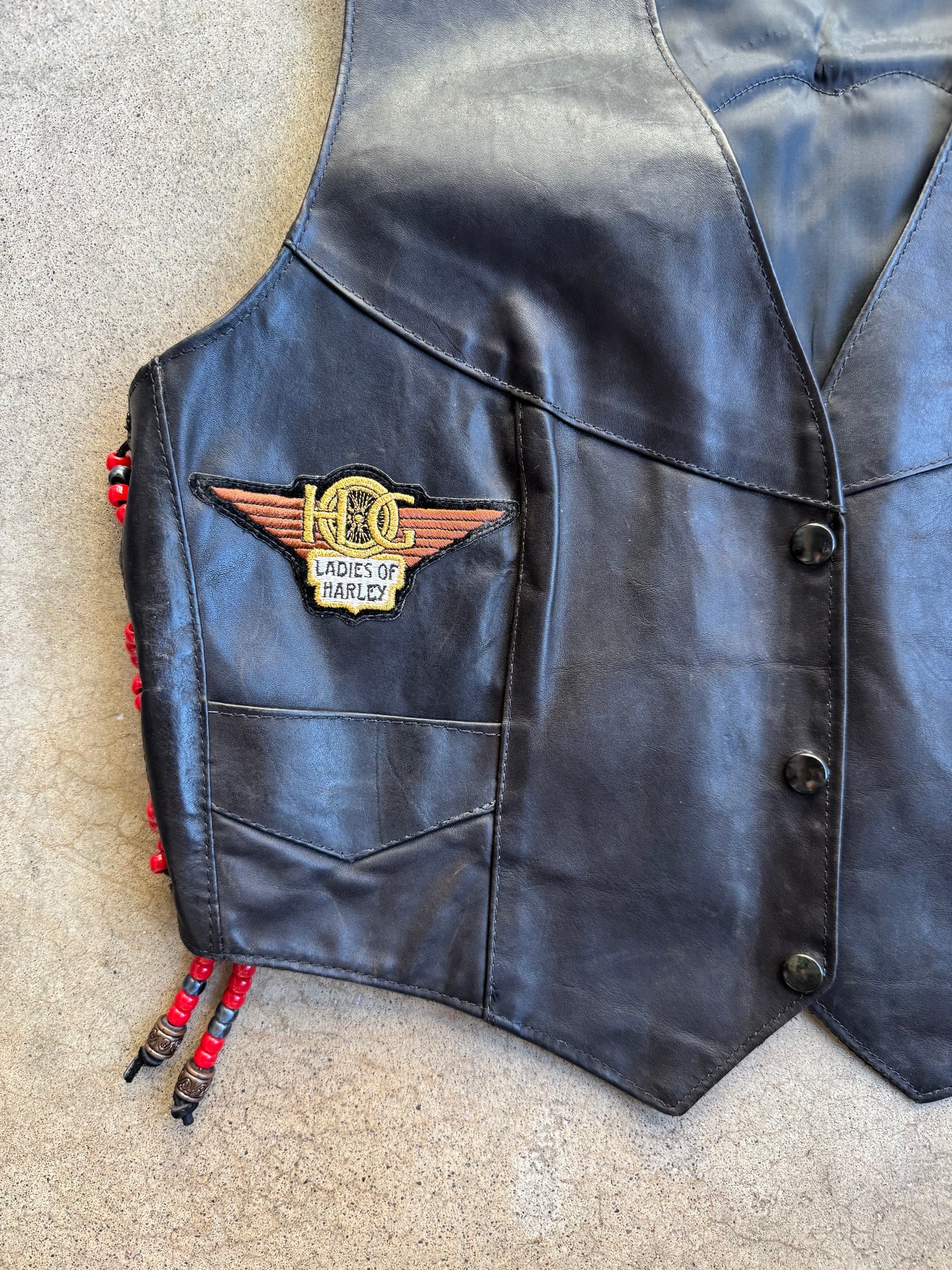Vintage 1970s Black Leather Beaded Lace-Up Harley Patched Vest | XL