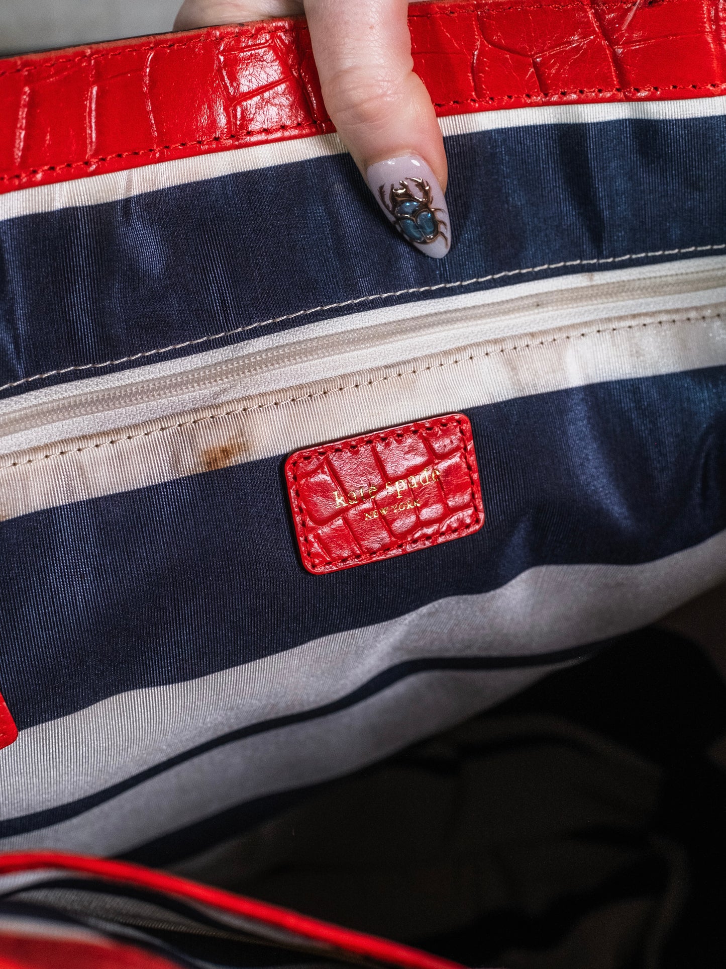 2000s Kate Spade Red Croc Embossed Leather Top Handle Bag