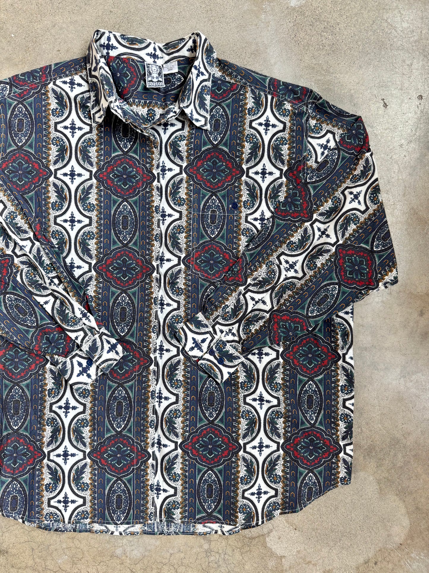 Vintage 1990s Futures Navy Floral Medallion Print Cotton Button-Up Shirt | 3XL