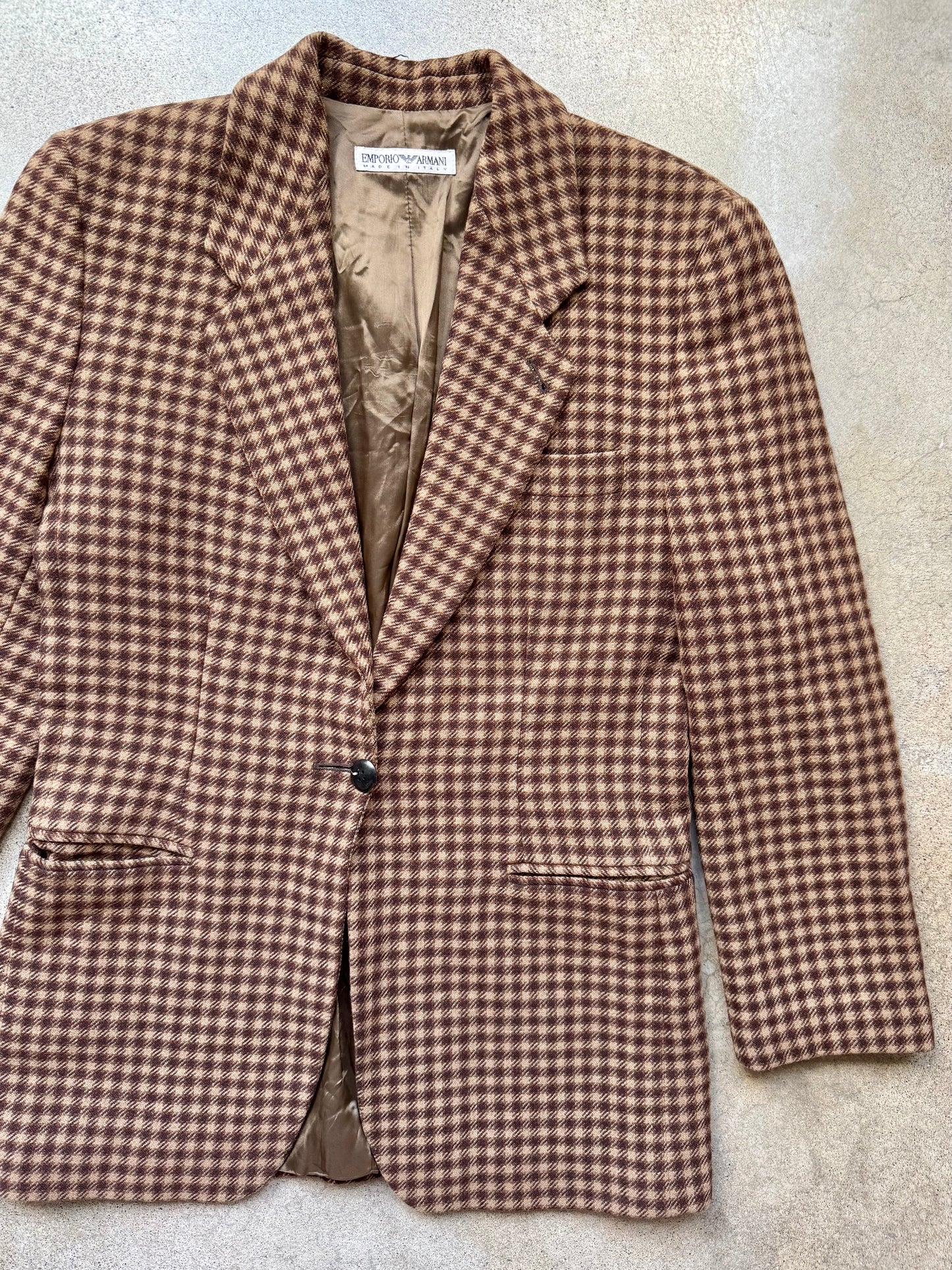 Vintage 1980s Emporio Armani Italian-Made Brown Plaid Wool Blazer | Medium