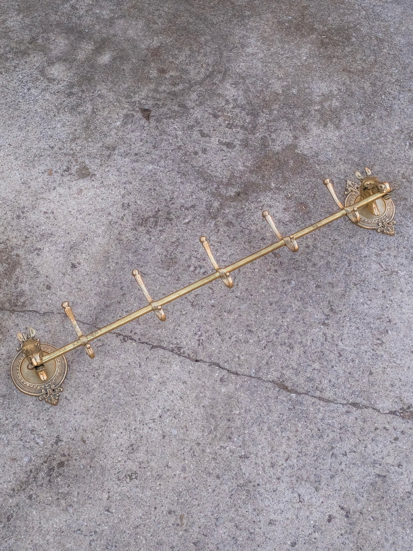 Vintage 1950s Solid Brass Horse Head Five Prong Wall-Mounted Coat Rack