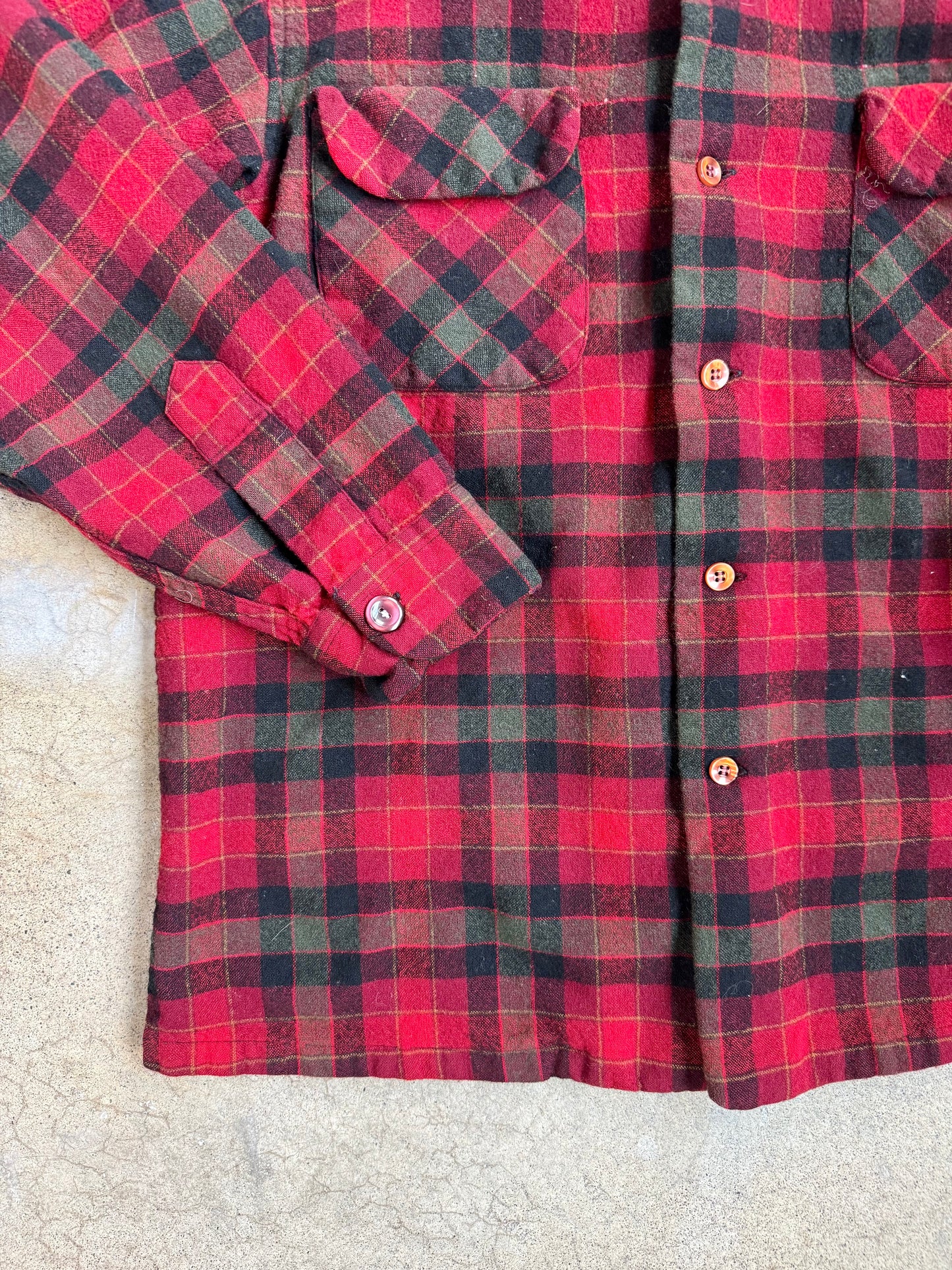 Vintage 1960s Pendleton Red & Green Plaid Wool Flannel Shirt | Large
