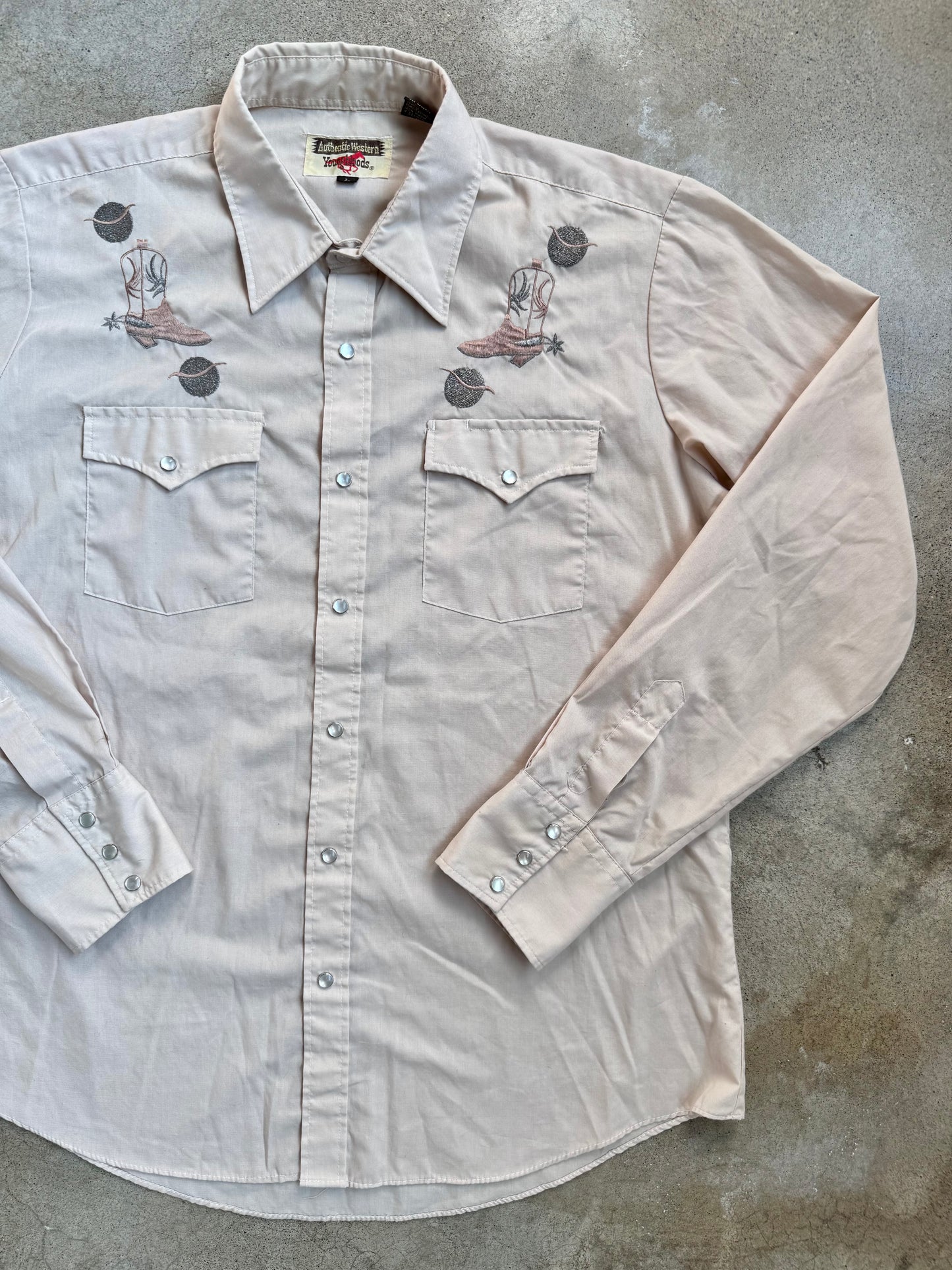 Vintage 1970s Youngbloods Western Boot Embroidered Pearl Snap Shirt | Large