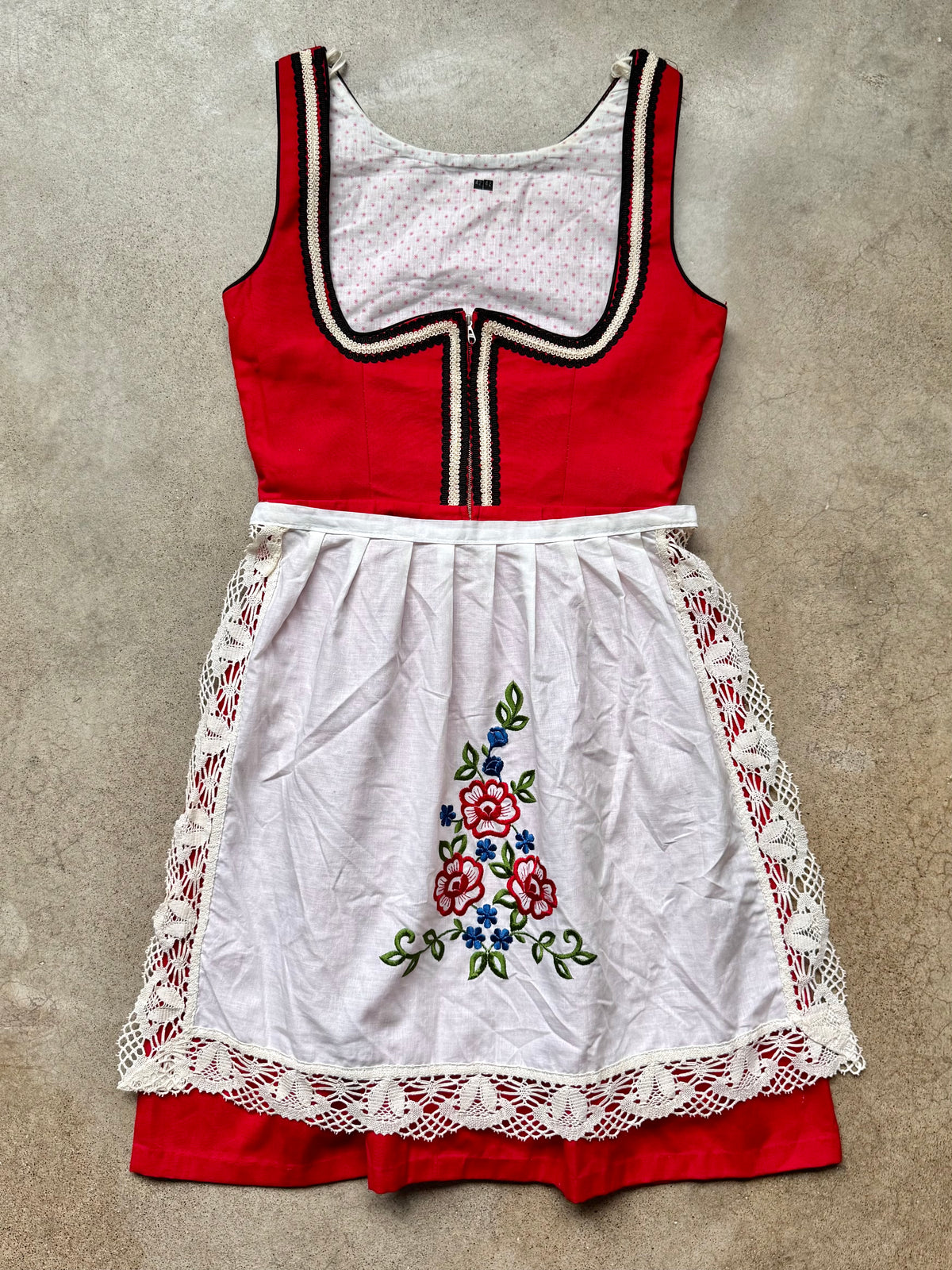 Vintage 1970s Red Traditional Alpine Folk Dirndl Dress | Medium