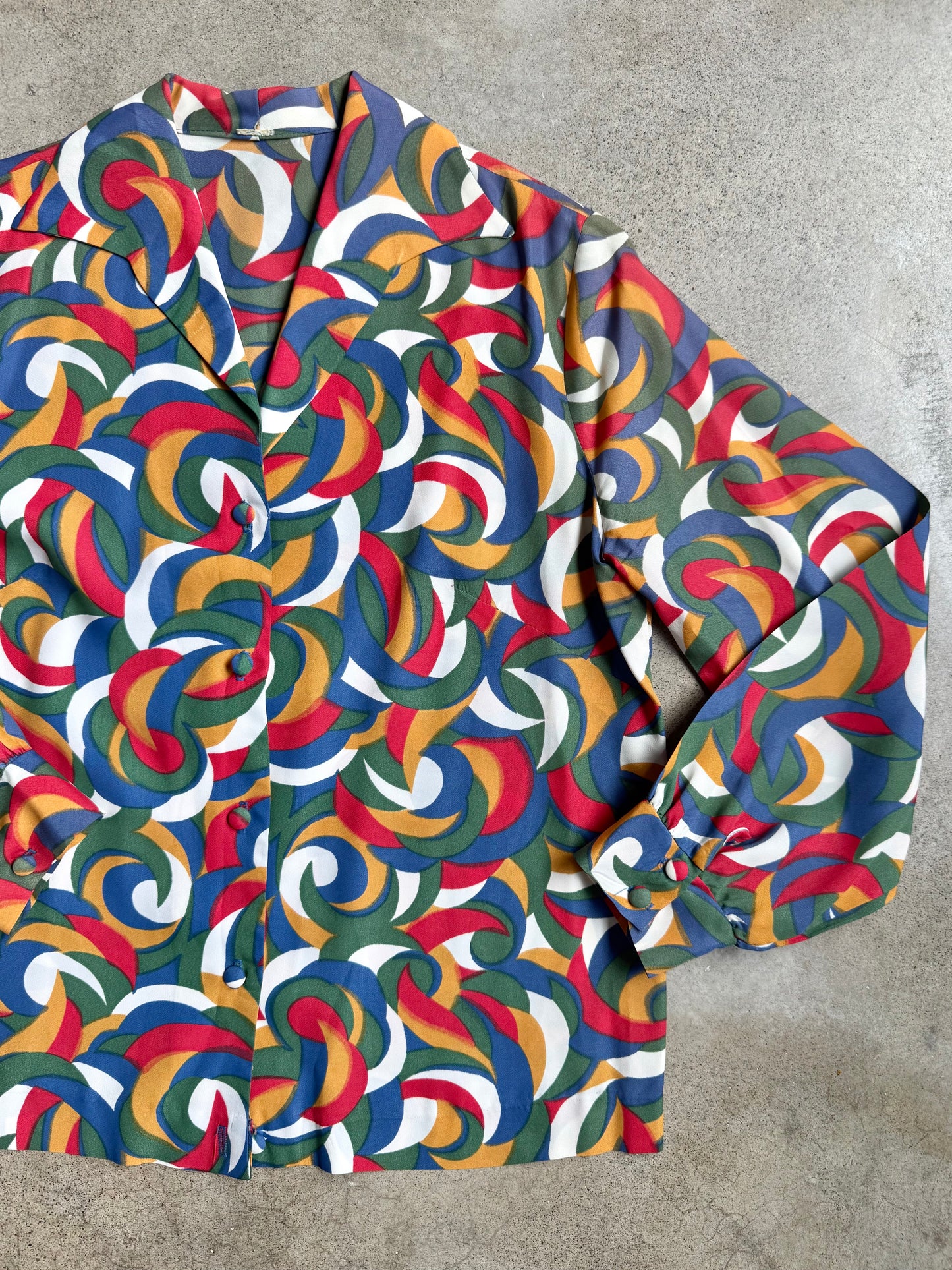 Vintage 1970s Multi-Color Abstract Swirl Printed Blouse | M/L