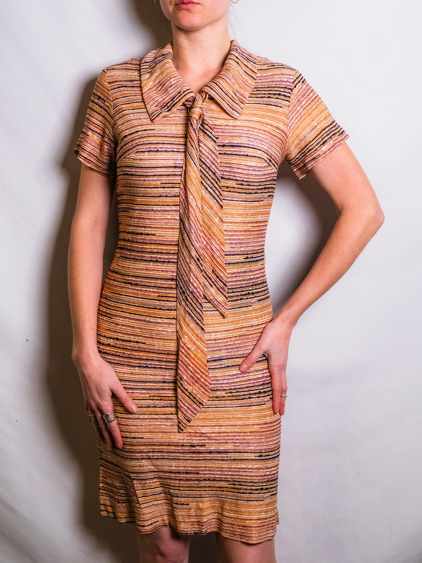 Vintage 1940s Multi-Color Abstract Stripe Collared Tie-Neck Dress | Small