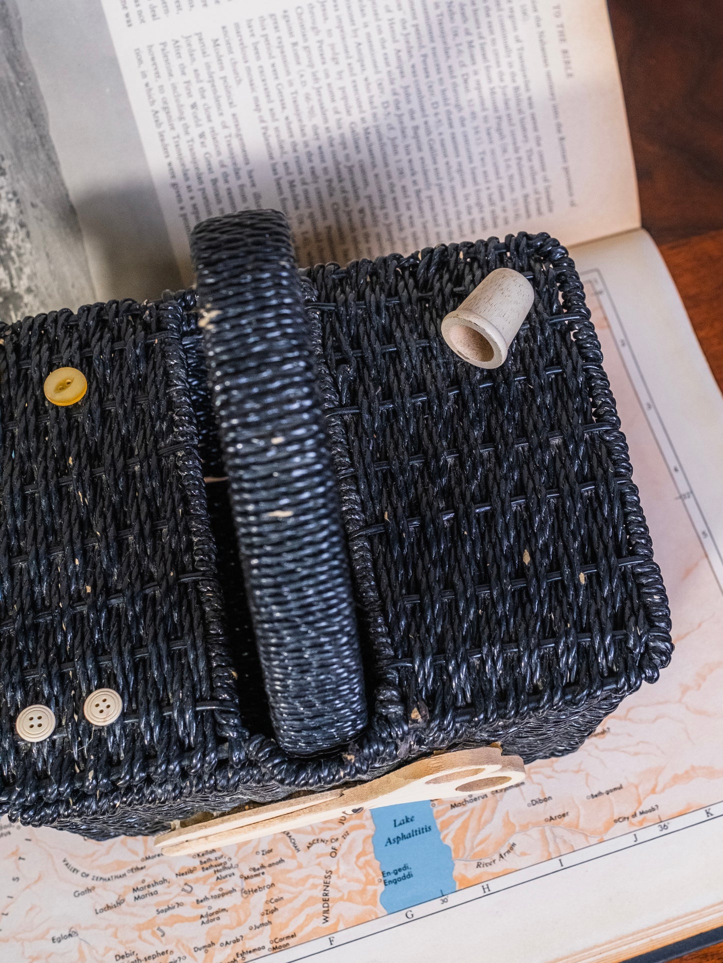Vintage 1950s Black Woven Sewing Basket