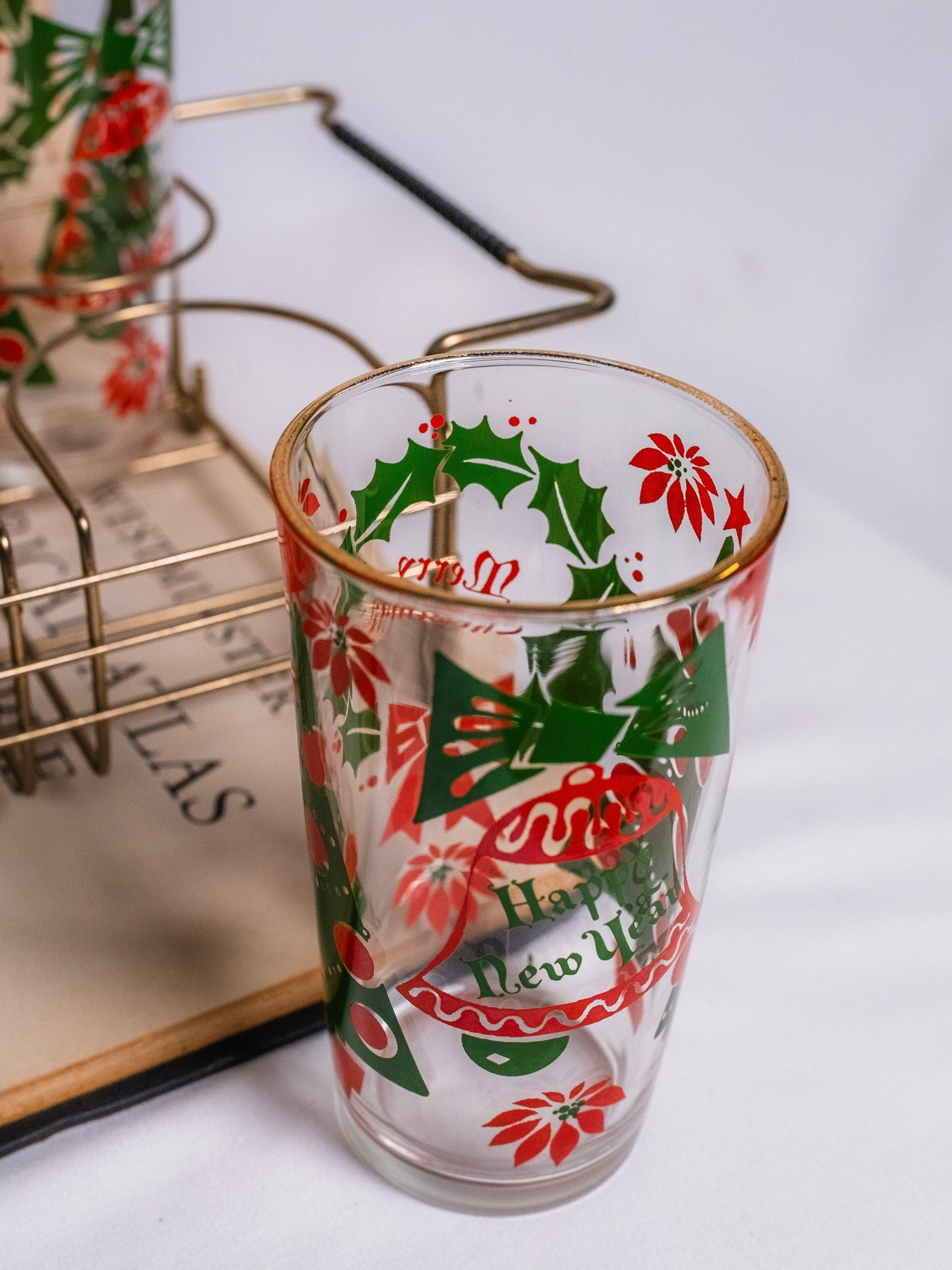 Vintage 1950s Hazel-Atlas Holiday Glass Tumblers & Metal Caddy | Set of 8