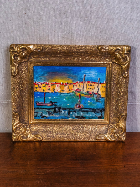 Vintage Gold-Framed Mediterranean Boat Harbor Oil Painting