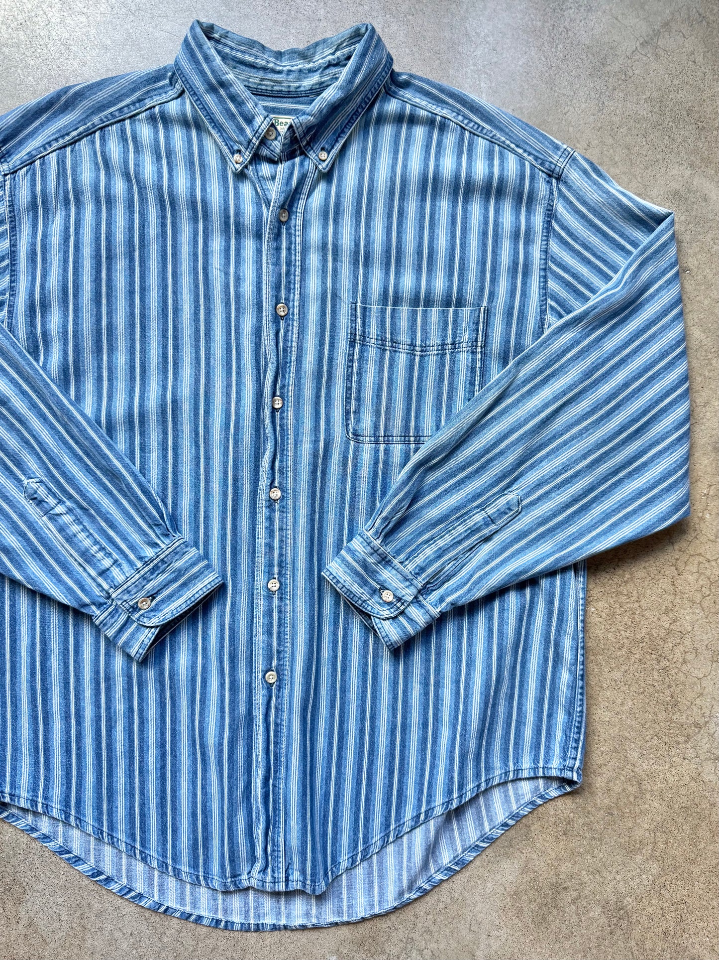 Vintage 1990s L.L. Bean Blue Striped Denim Button-Down Shirt | XL