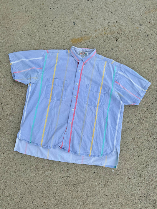 Vintage 1980s Jantzen Sport Pastel Striped Short Sleeve Cotton Shirt | Large