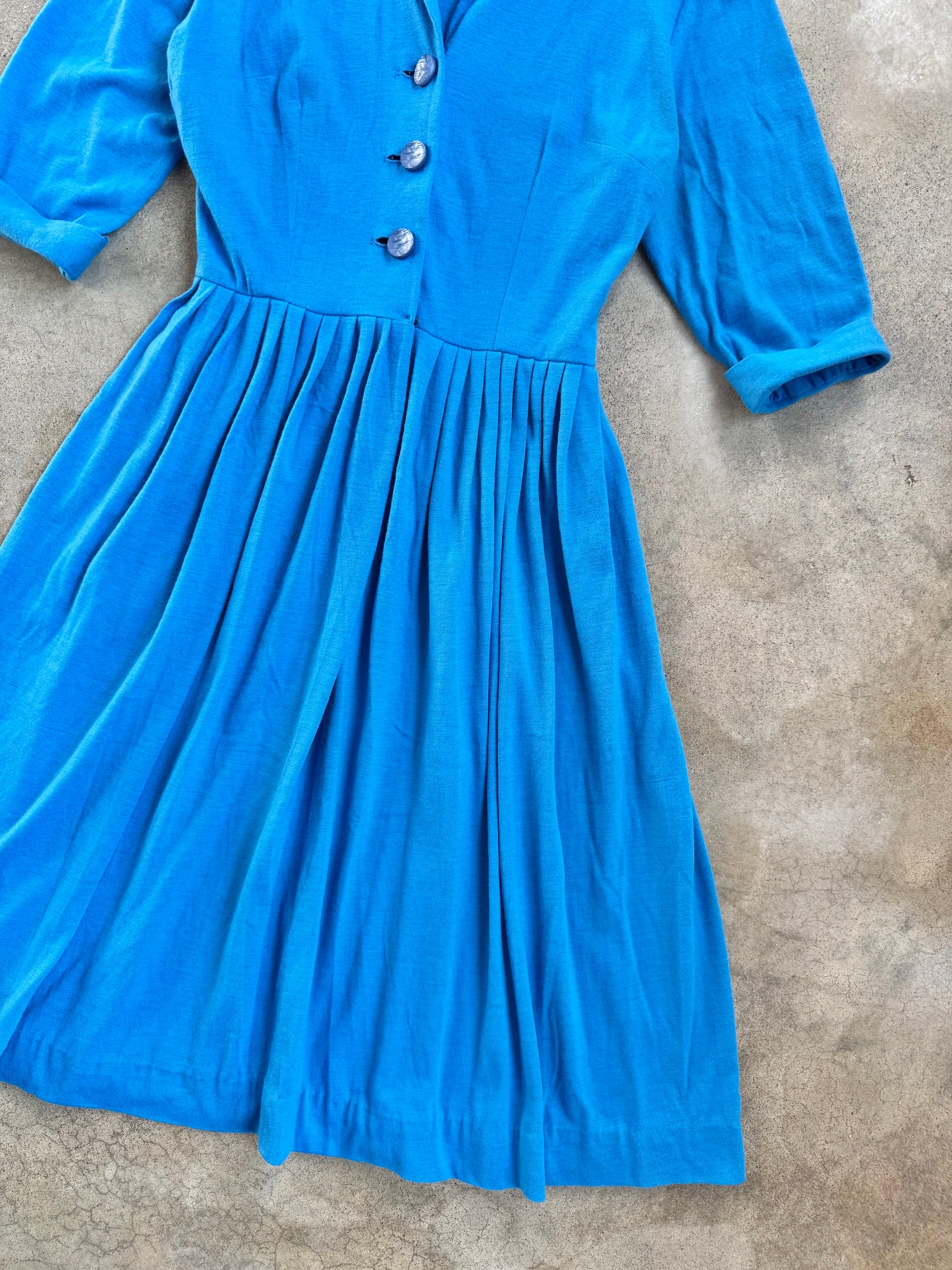 Vintage 1950s Blue Button-Front Pleated Shirtwaist Dress | Small