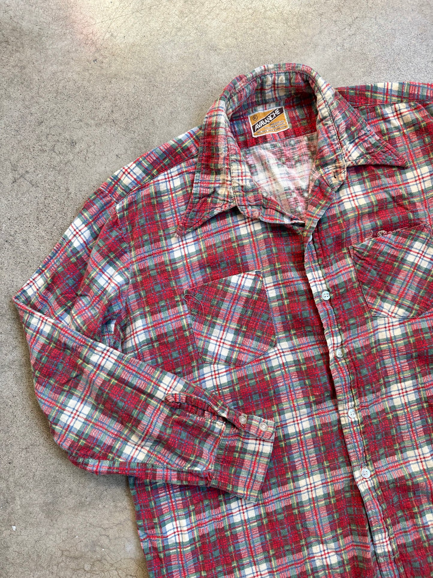 Vintage 1970s Avalanche Distressed Plaid Cotton Flannel Shirt | XL