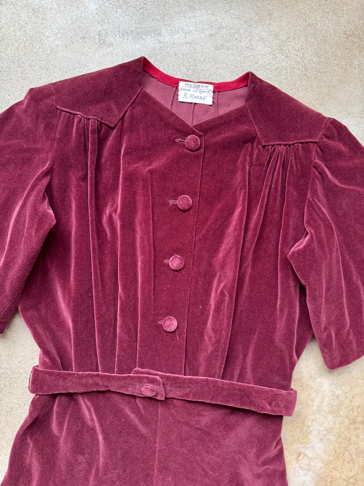 Vintage 1940s Handmade Ohio State Theatre Dept. Burgundy Velvet Belted Button-Front Dress | Medium