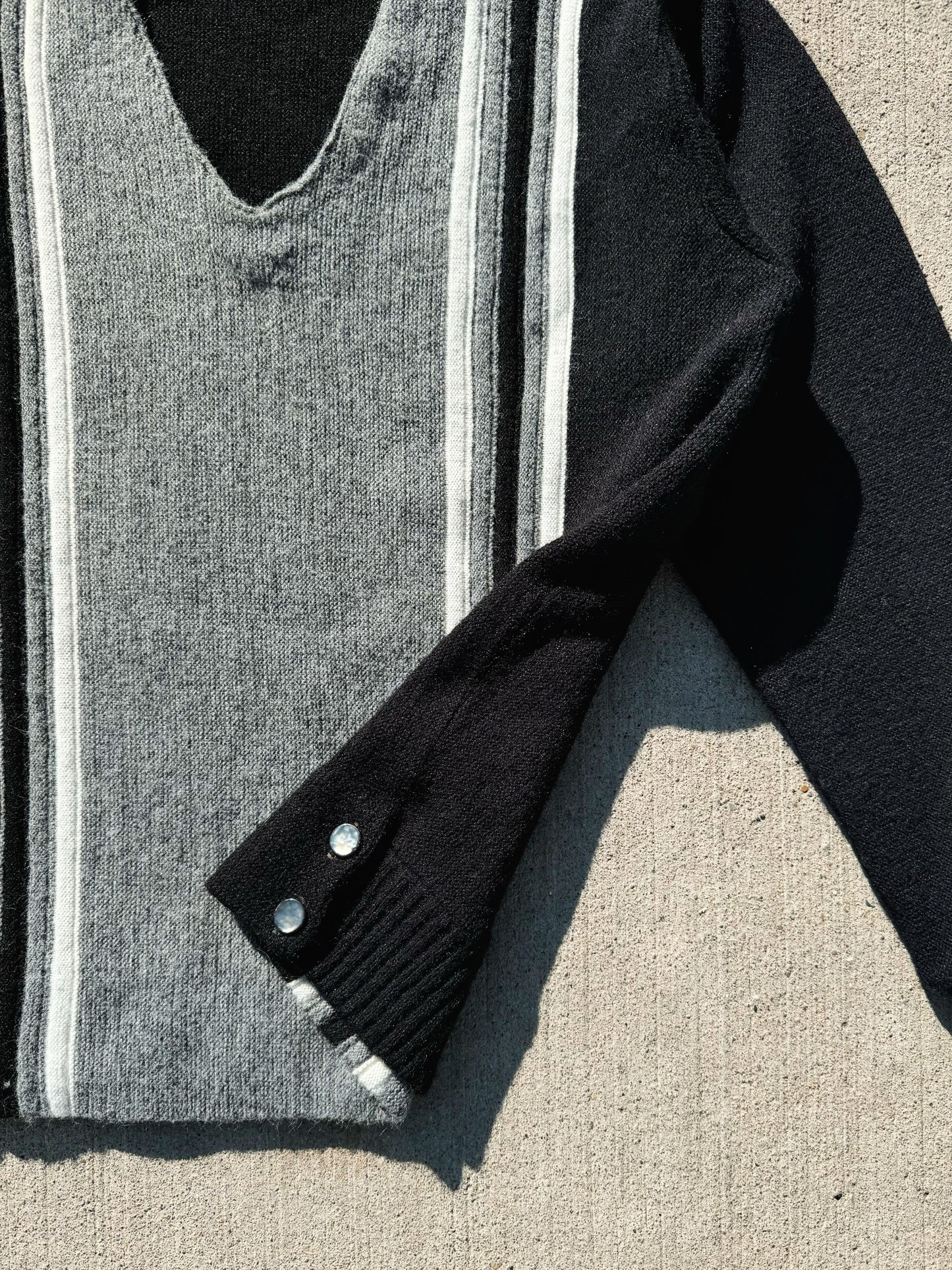 Vintage 1960s Black & Grey Striped V-Neck Wool Sweater | S/M