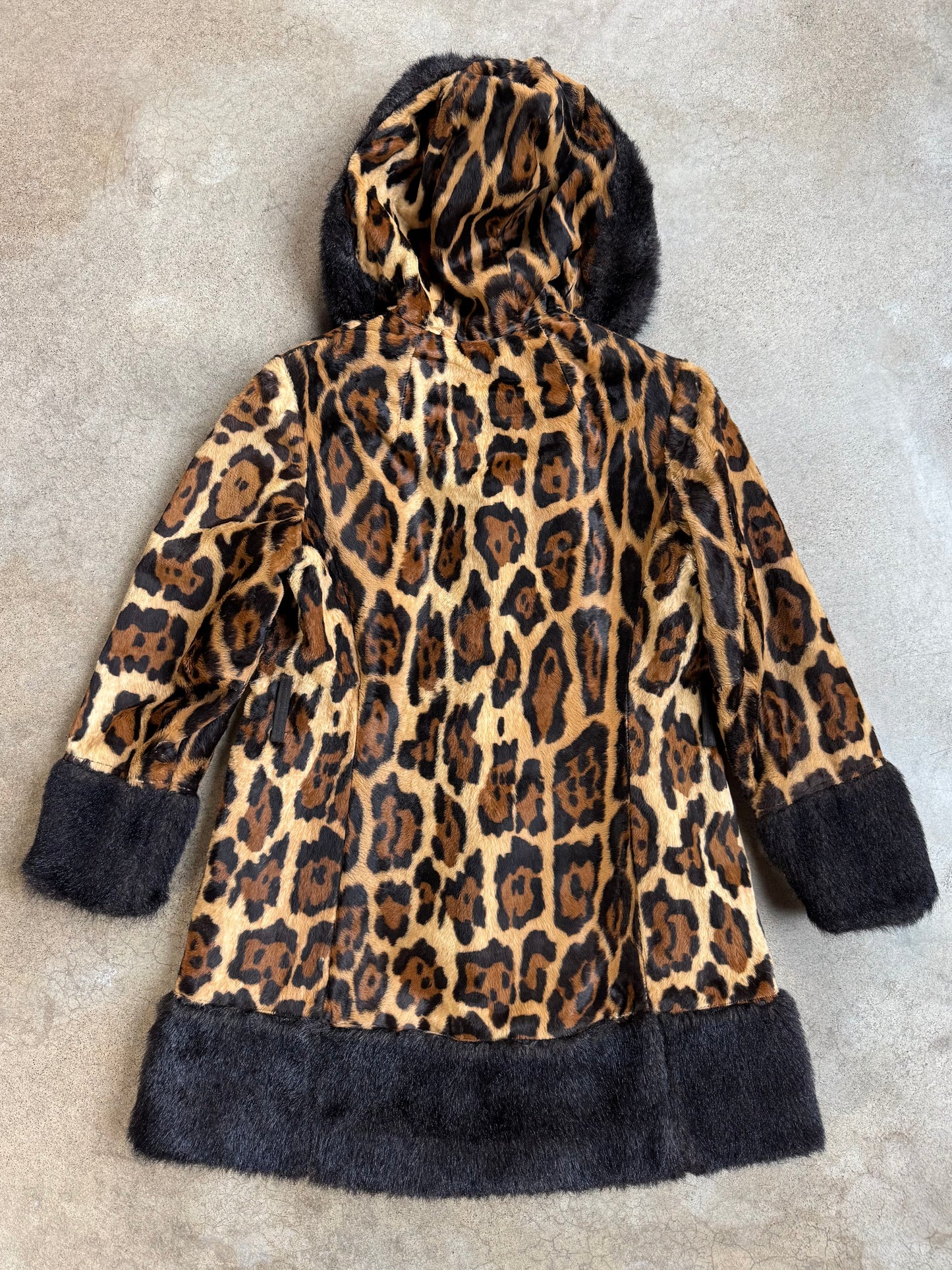 Vintage 1960s Mary Lane Faux Fur Cheetah Print Black Trim Hooded Jacket | Small