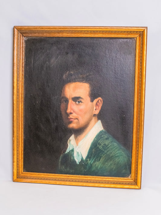 Vintage 1940s Framed "Man in Green" Oil on Canvas Painting