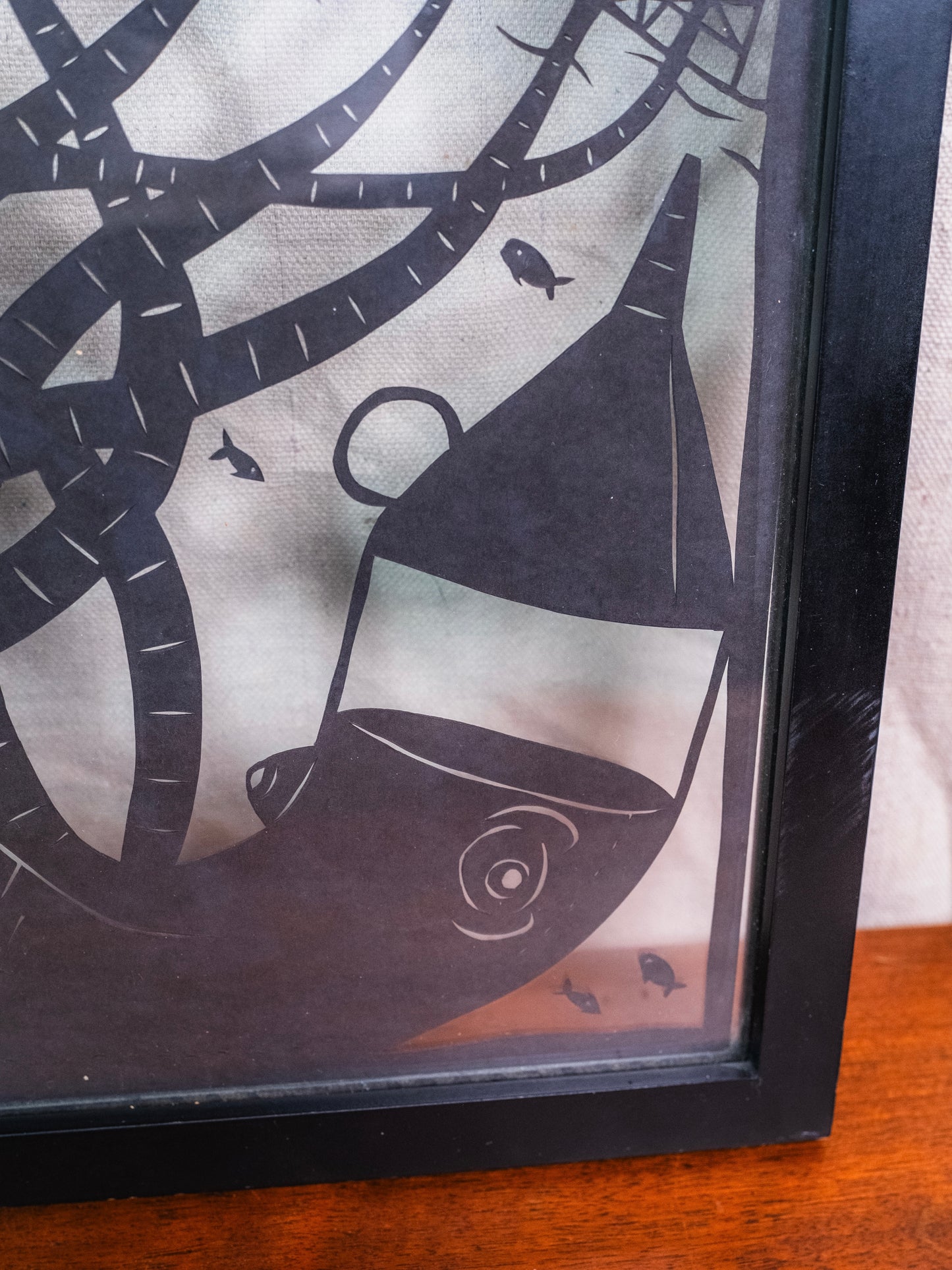 Vintage Framed Papercut Shadowbox "Cyborg Octopus" Silhouette Artwork