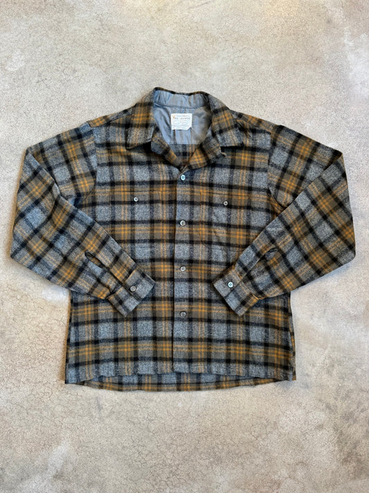 Vintage 1960s Van Heusen Grey Plaid Wool-Blend Flannel Shirt | Medium