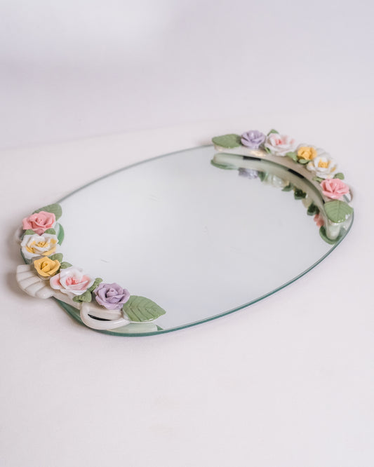 Vintage 1980s Oval Porcelain Flower Mirror Vanity Tray