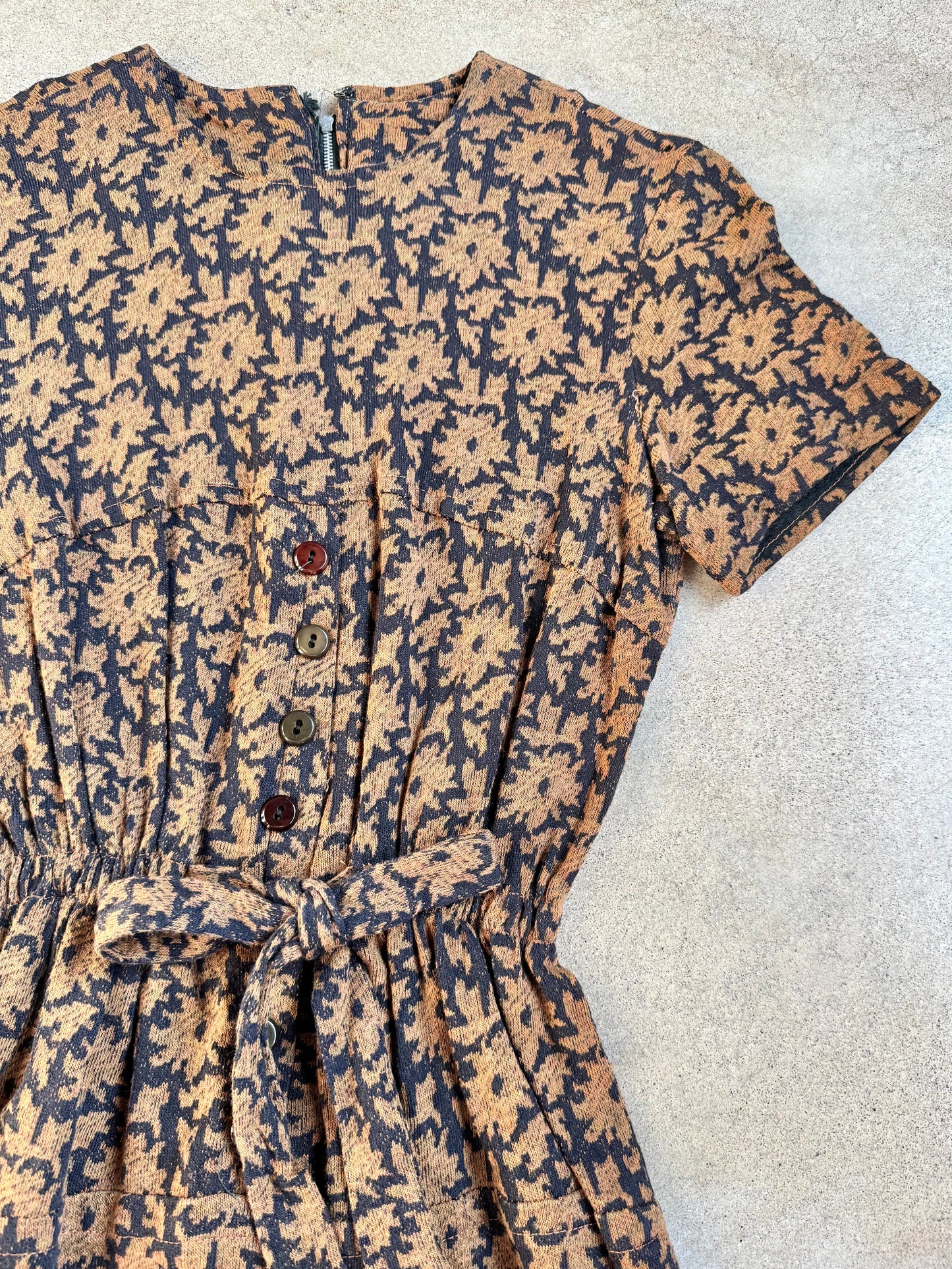 Vintage 1940s Black & Brown Floral Pattern Short Sleeve Tie-Waist Dress | XS