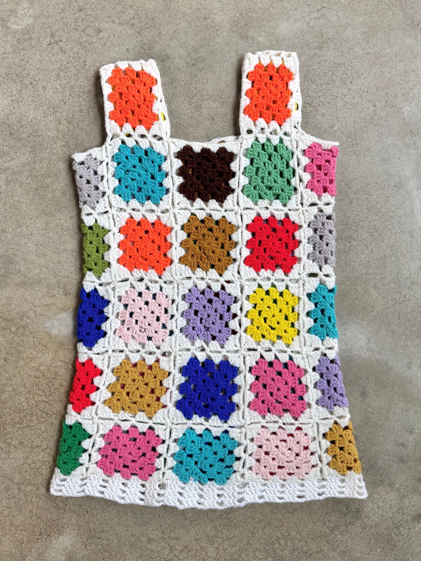 Vintage 1970s Handmade Granny Square Crochet Mini Dress | Medium