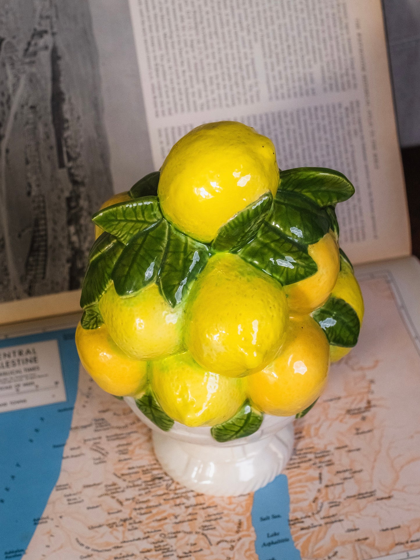Vintage 1960s Majolica-Style Ceramic Lemon Basket Centerpiece