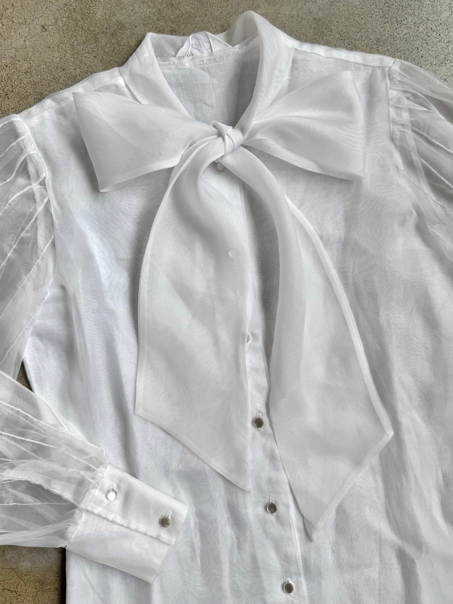 Vintage 1960s Judy Bond White Pussy-Bow Sheer Sleeve Blouse | S/M