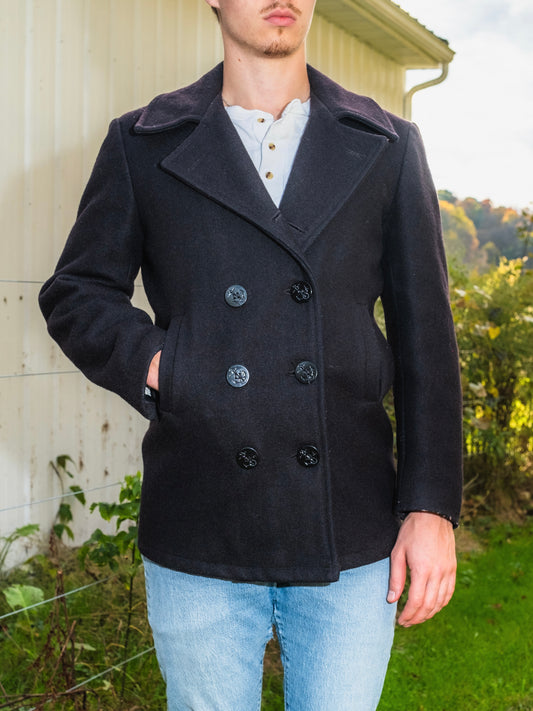 Vintage 1960s U.S. Navy Military Issue Black Wool Peacoat | 38