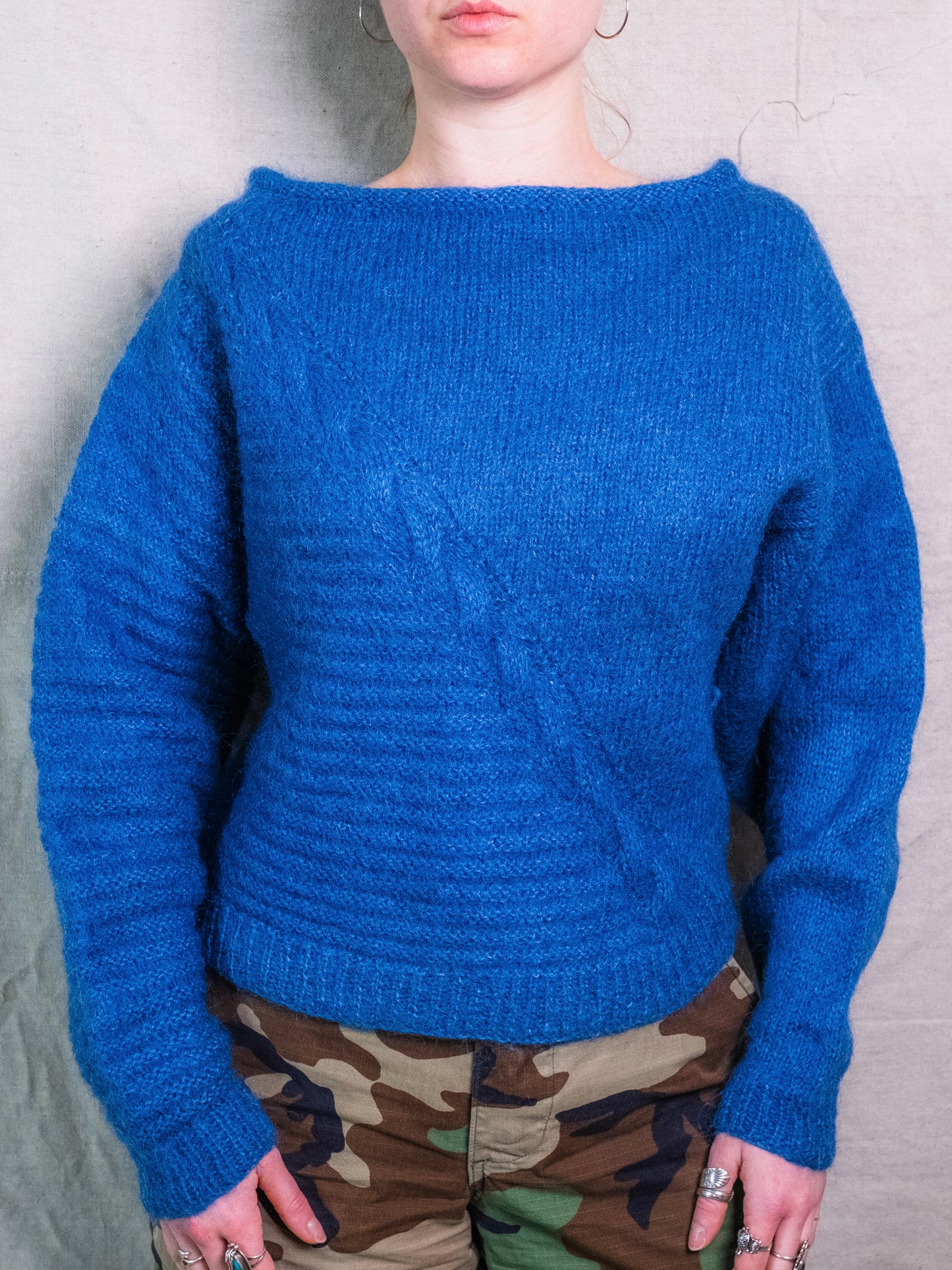 Vintage 1950s Hand-Knit Blue Mohair-Blend Boatneck Sweater | Medium