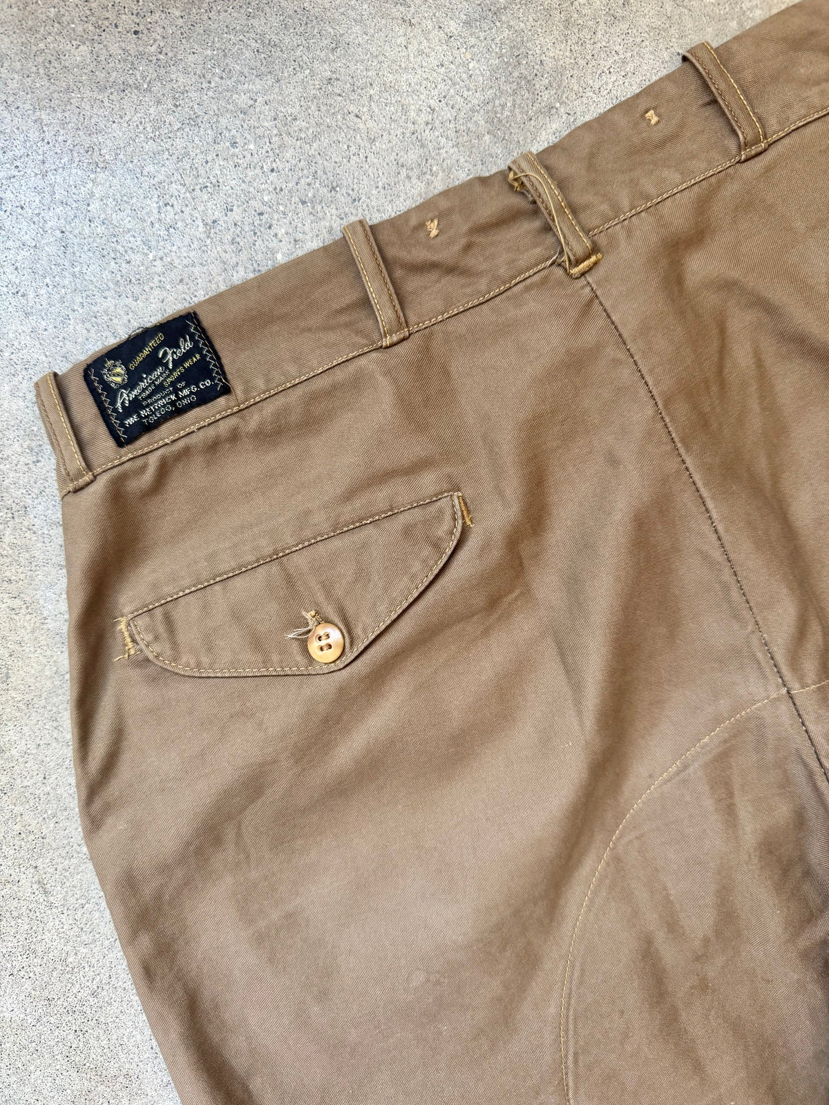 Vintage 1950s American Field Sportswear Brown Cotton Twill & Suede Leather Hunting Pants | Waist 36”
