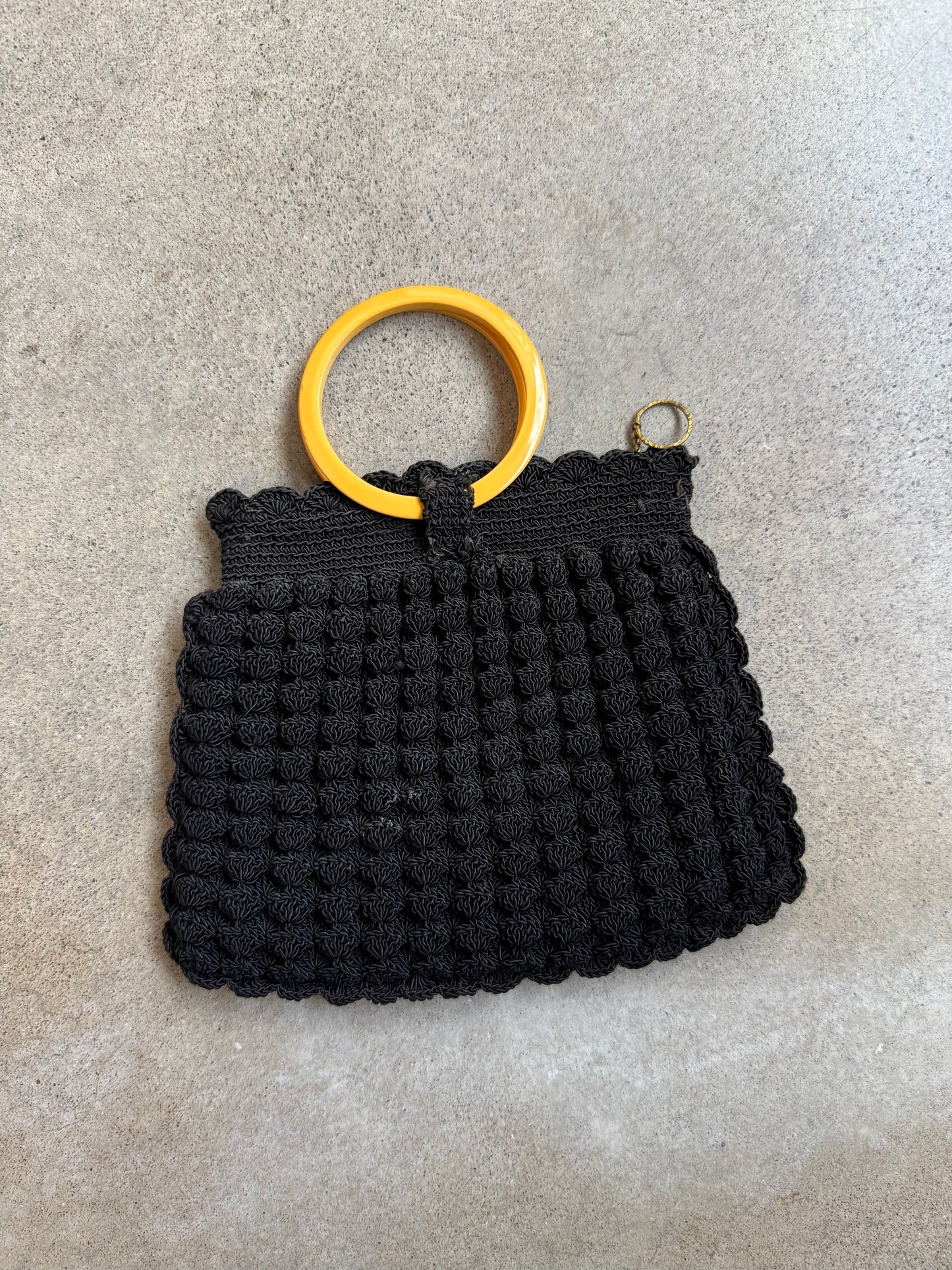 Vintage 1930s Black Crochet Handbag w/ Bakelite Handle