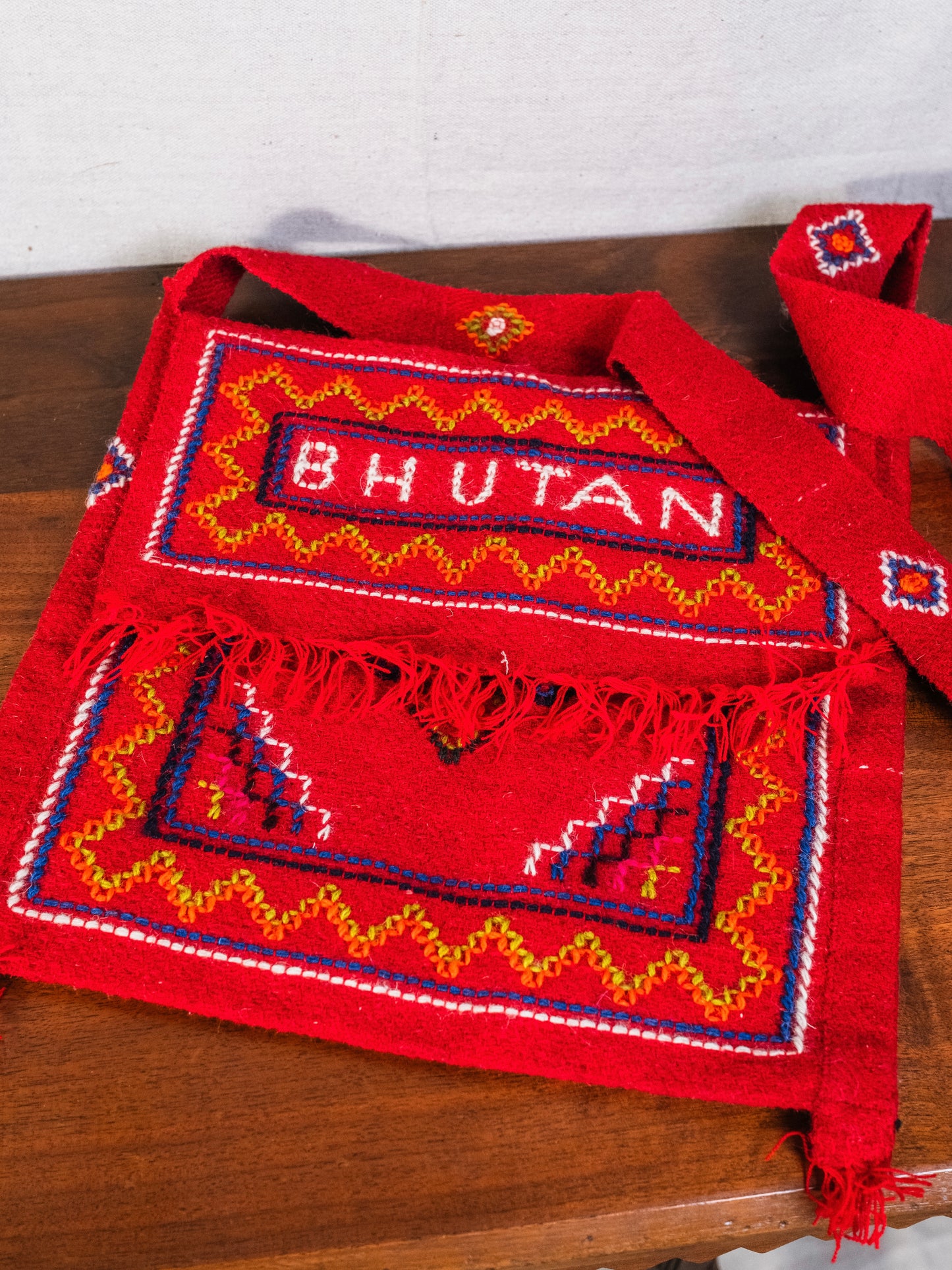 Vintage 1960s Bhutan Embroidered Red Woven Crossbody Bag