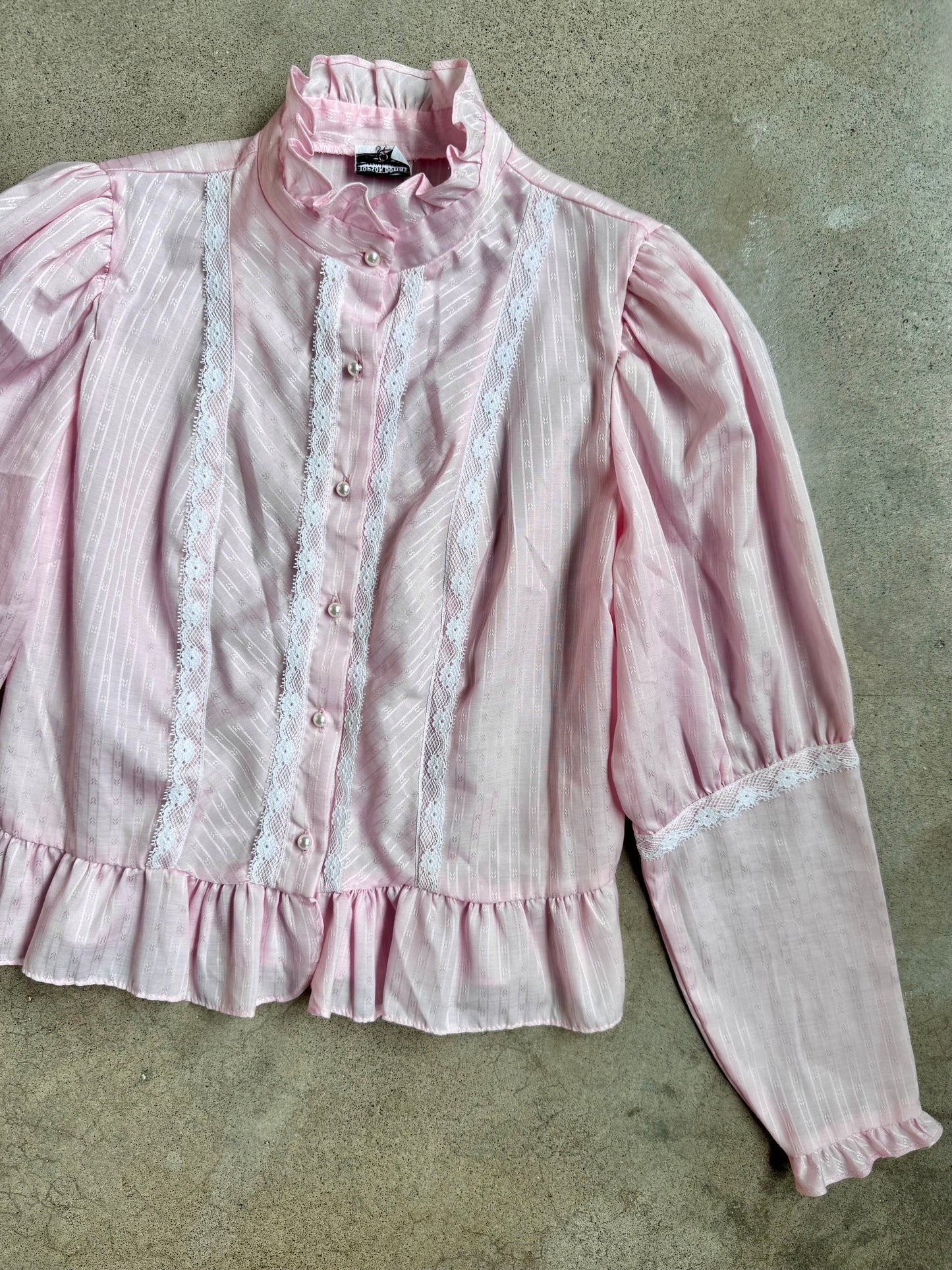 Vintage 1970s Topson Downs California Pink Lace Trim Ruffle Blouse | Large