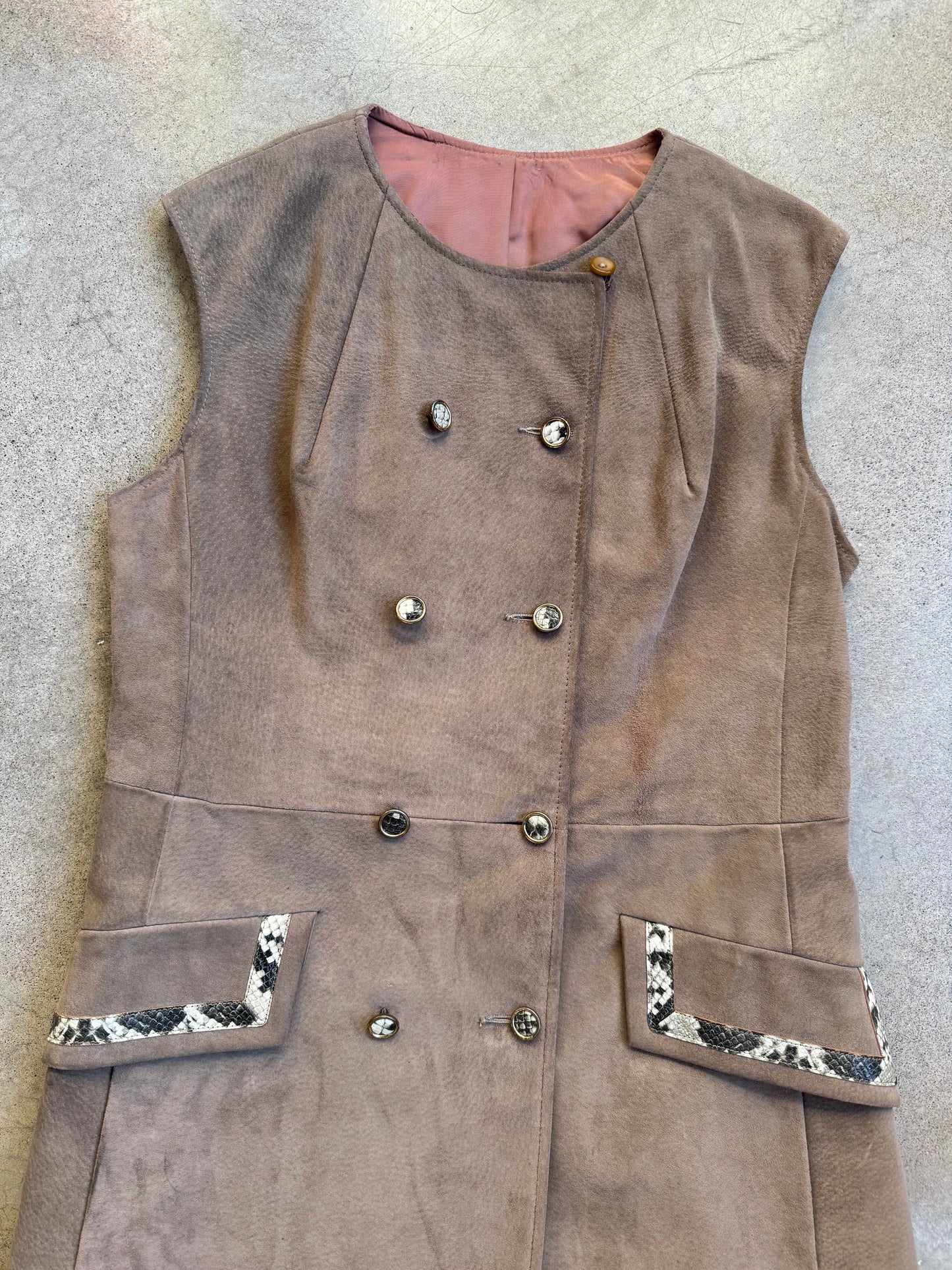 Vintage 1960s Suede Button-Front Mini Dress w/ Faux Snakeskin Trim | S/M