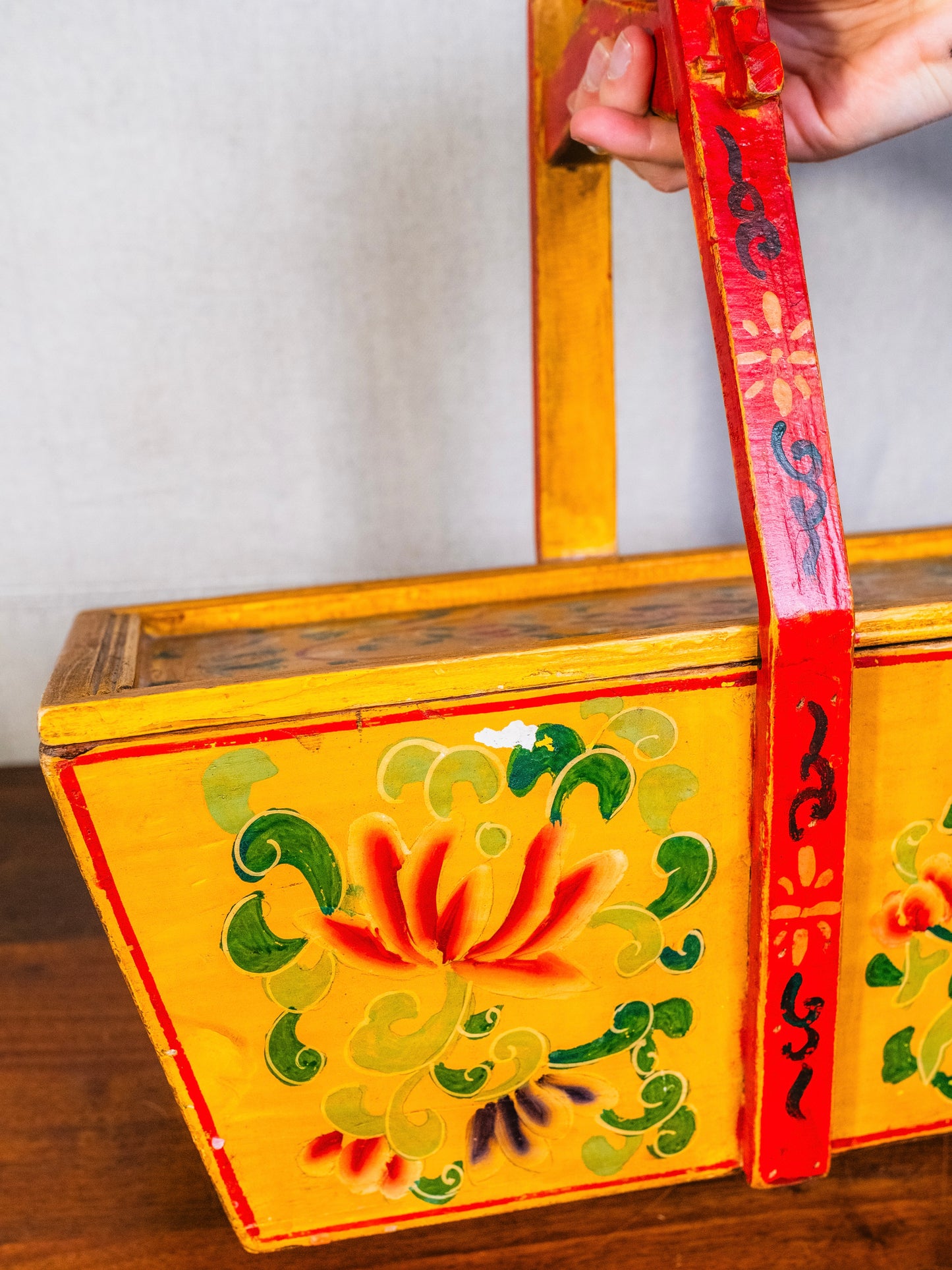Antique Chinese Wood Red & Yellow Floral Painted Wedding Basket