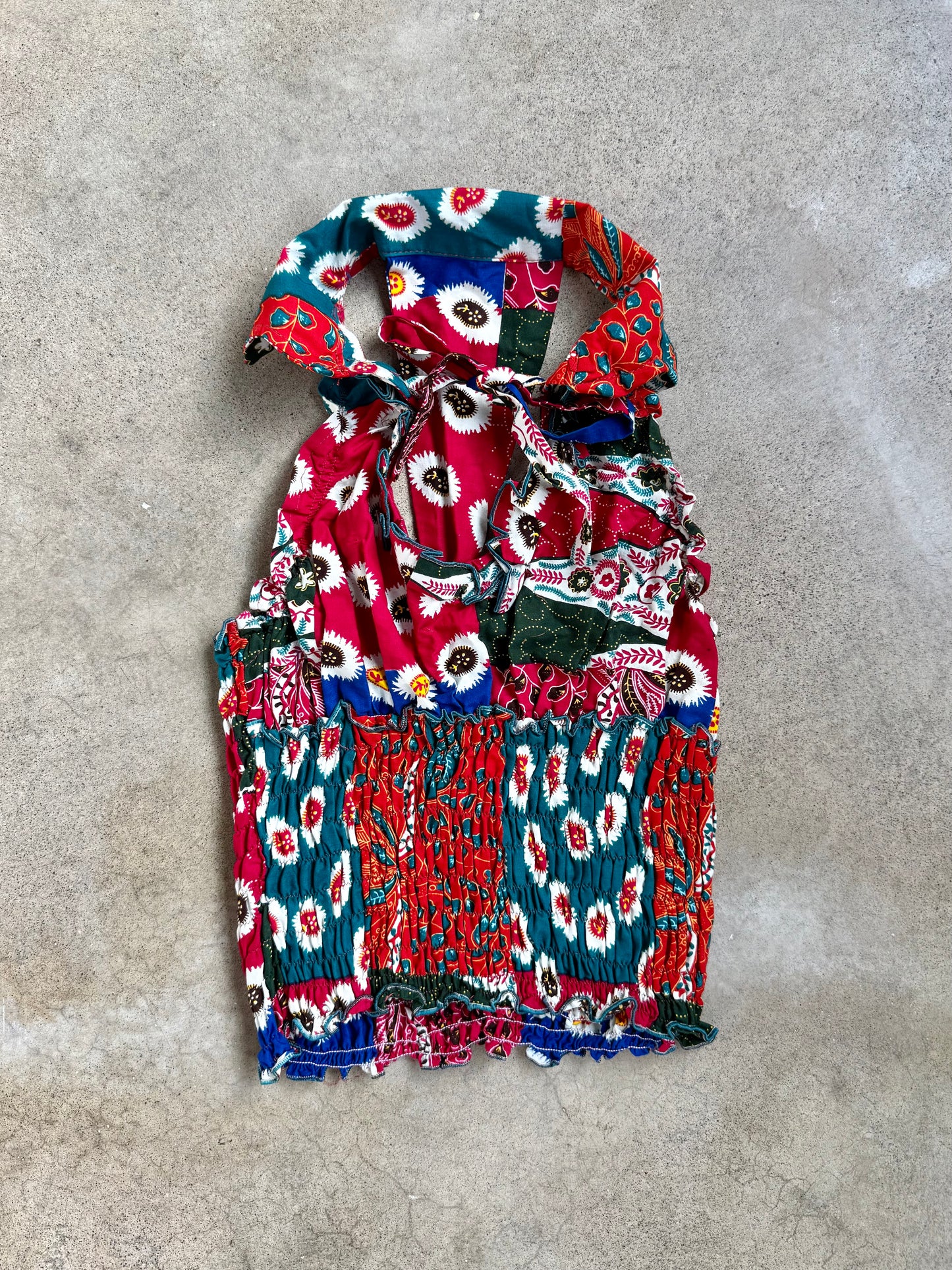 Vintage Handmade Boho Patchwork Shirred Halter Top | S/M