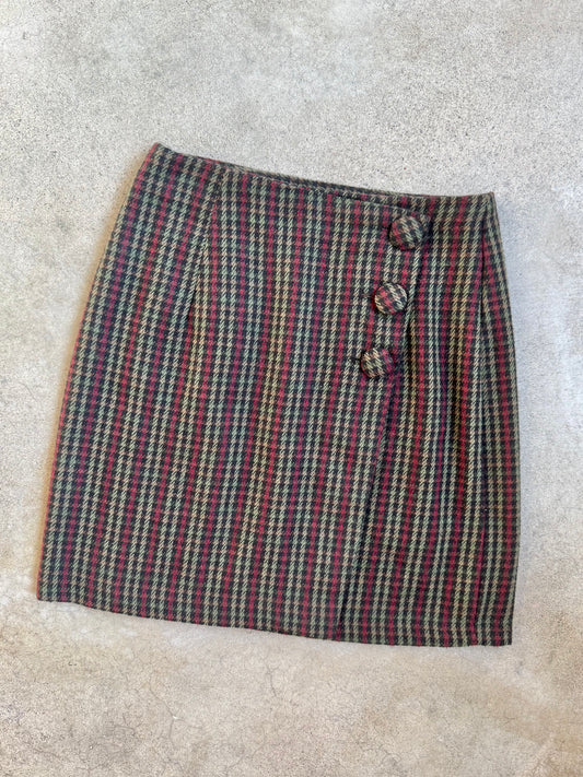 Vintage 1990s Tracy Evans Plaid Wool-Blend Mini Wrap Skirt | Waist 25”